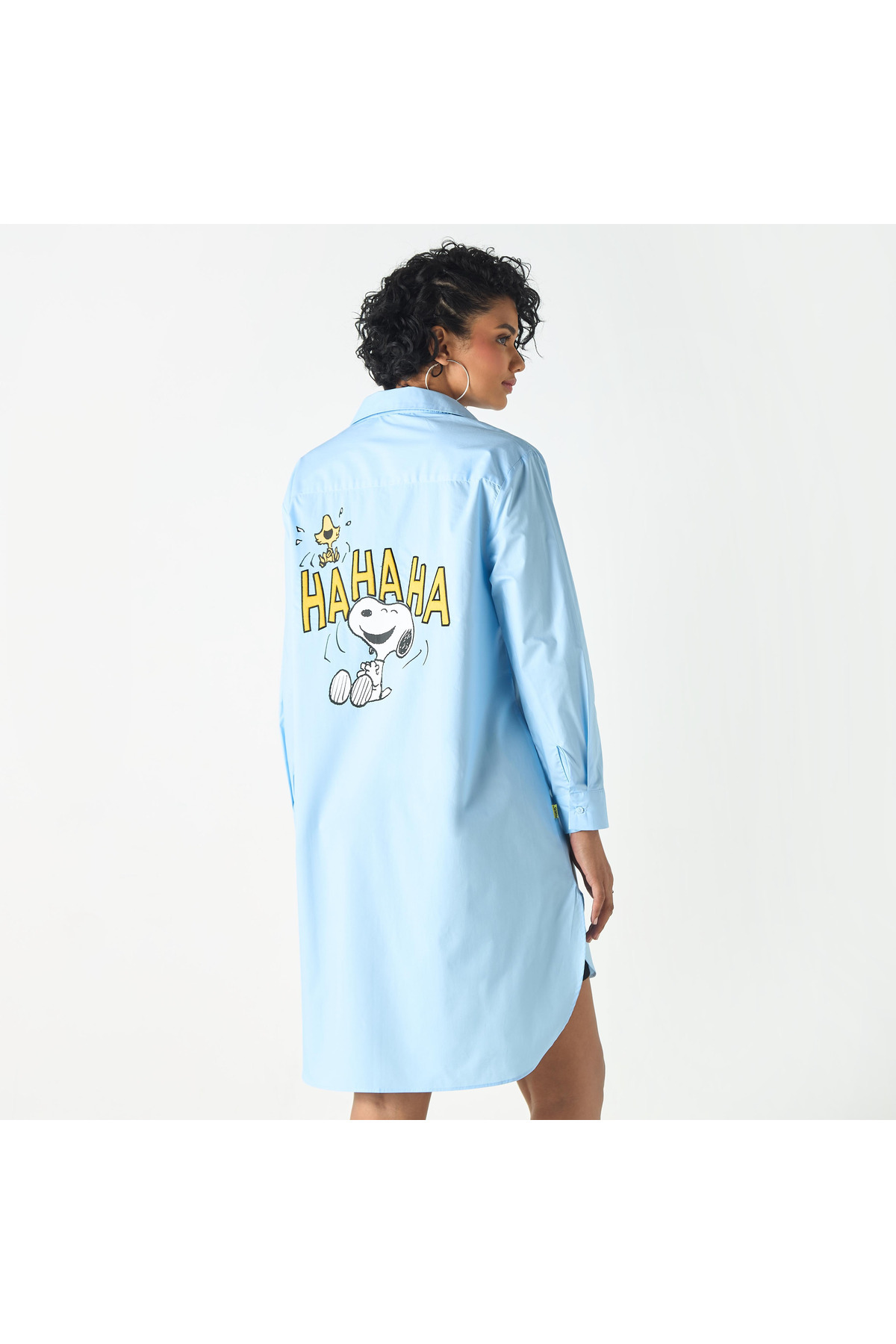 SP Characters-Snoopy Dog Print High Low Shirt Dress with Long Sleeves 3