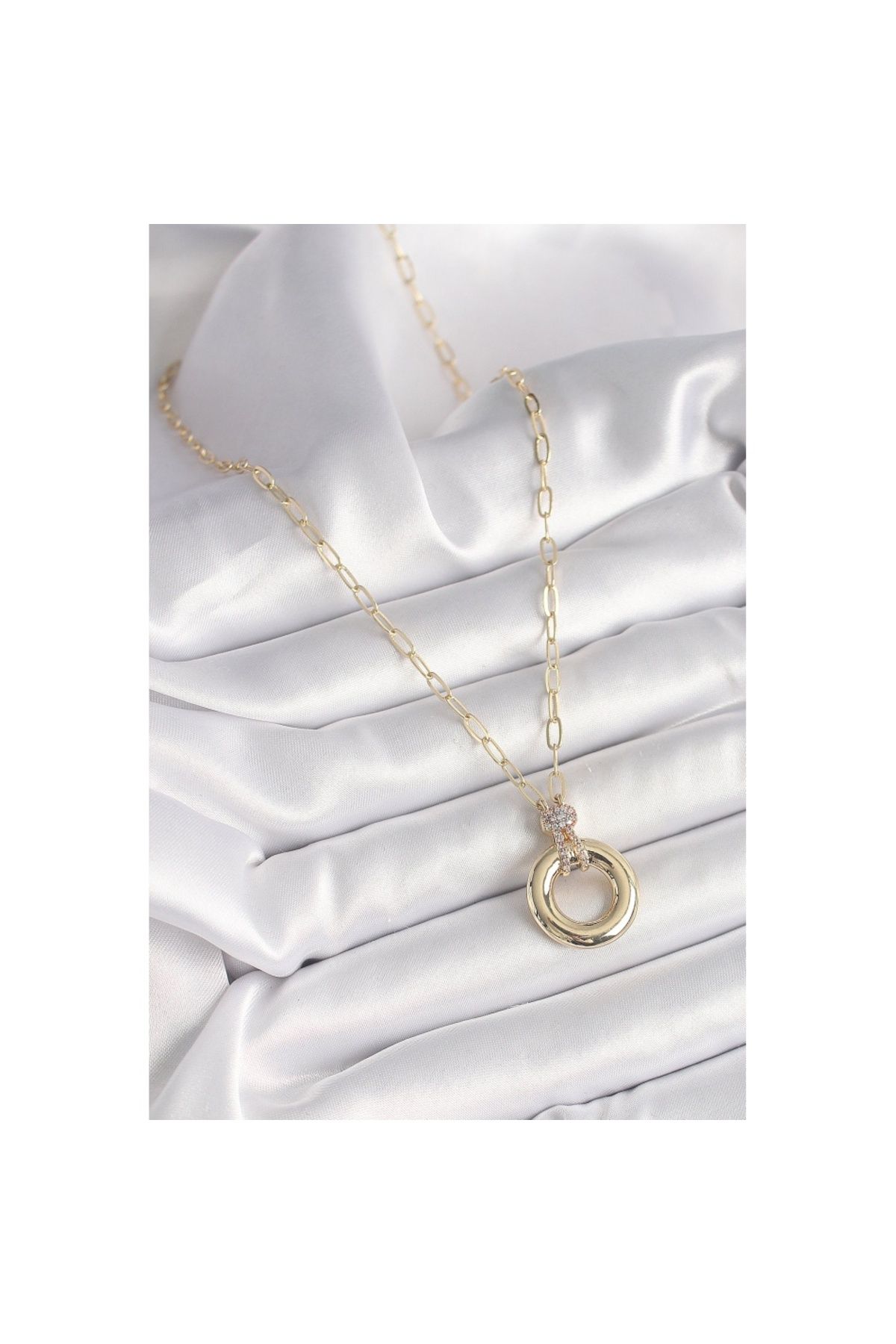 Skygo-Brass Gold Color Zircon Stone Detailed Medallion Model Women's Necklace - Tj-Bko9885 2