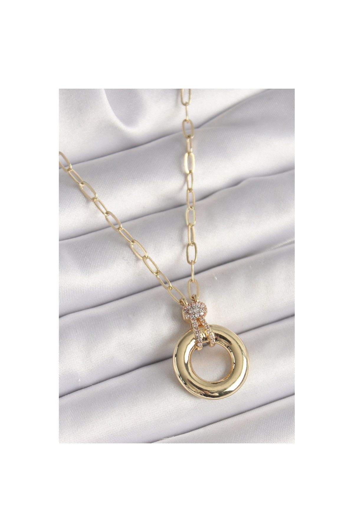 Skygo-Brass Gold Color Zircon Stone Detailed Medallion Model Women's Necklace - Tj-Bko9885 1