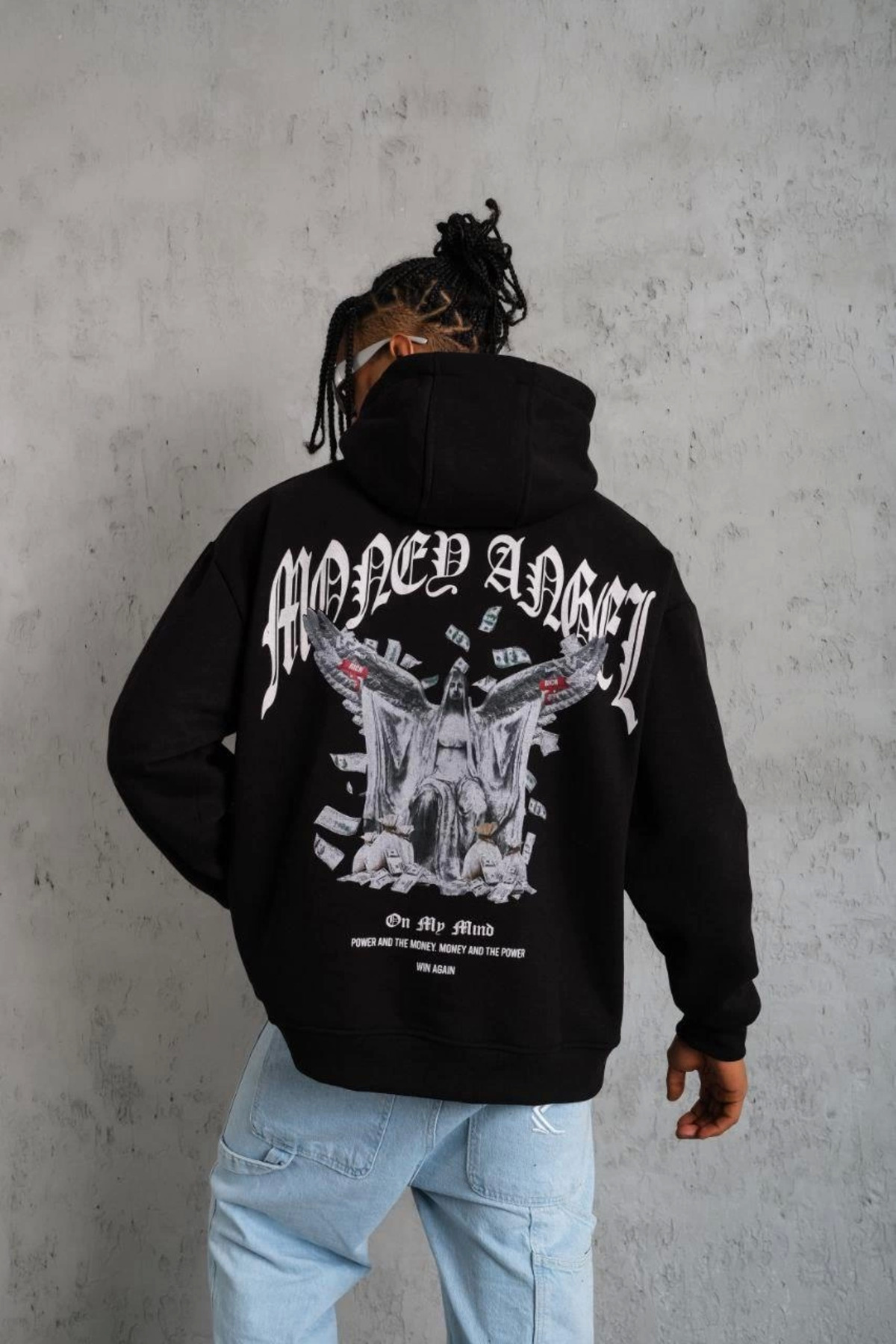 pilelistore Kordon İpli Baskılı Kapüşonlu Sweatshirt - Siyah fotoğrafı 2 (önizleme)