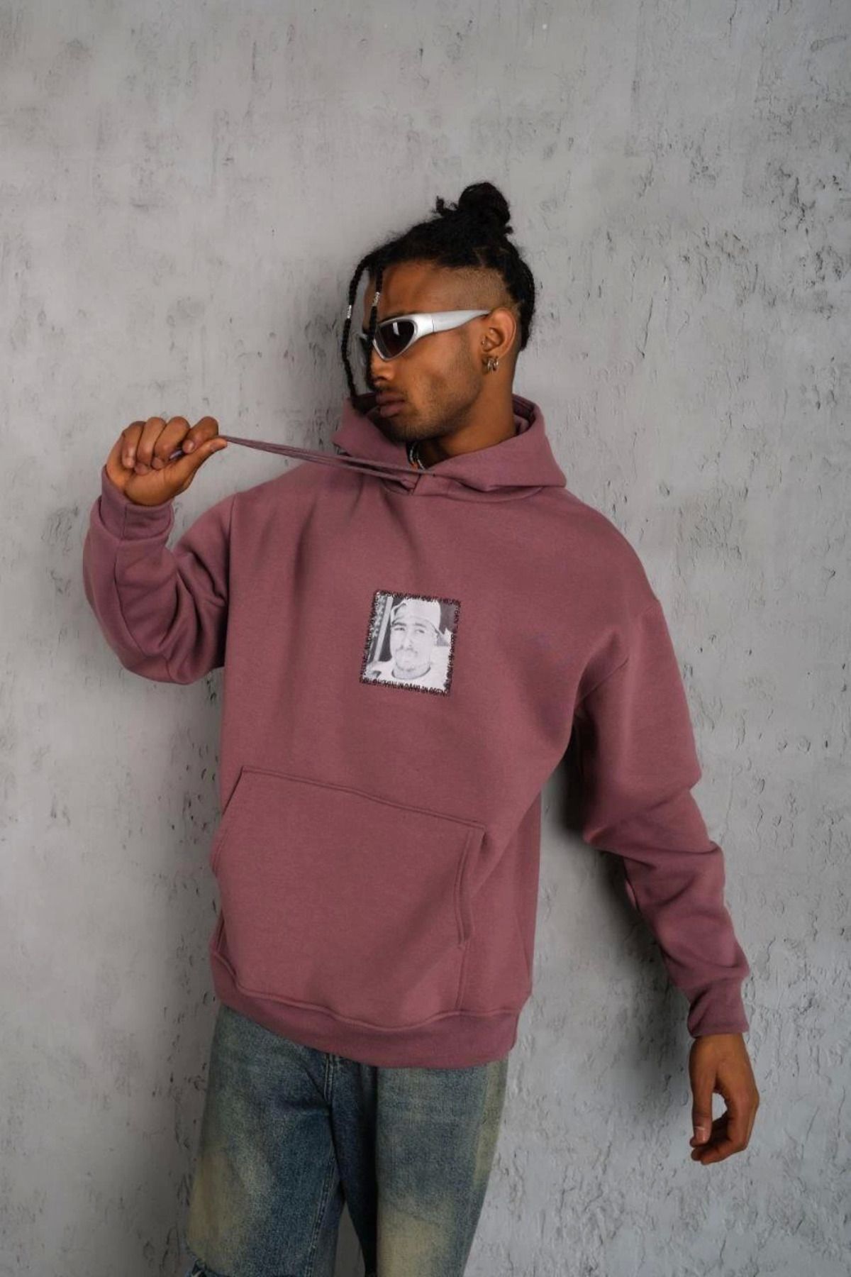Pink Stil Erkek Ön Arka Baskılı Kapşonlu Sweat - Gül Kurusu Pink Stil