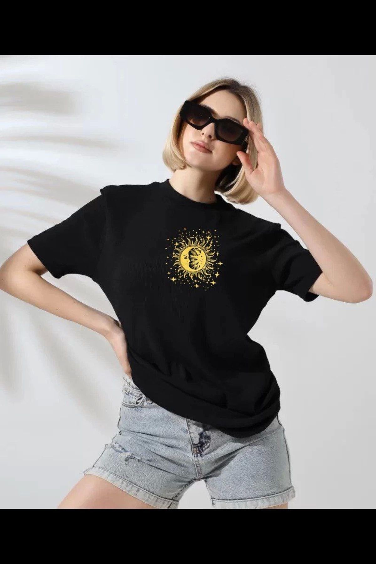 Pink Stil Unisex Kadın Bisiklet Yaka Baskılı T-Shirt - Siyah Pink Stil