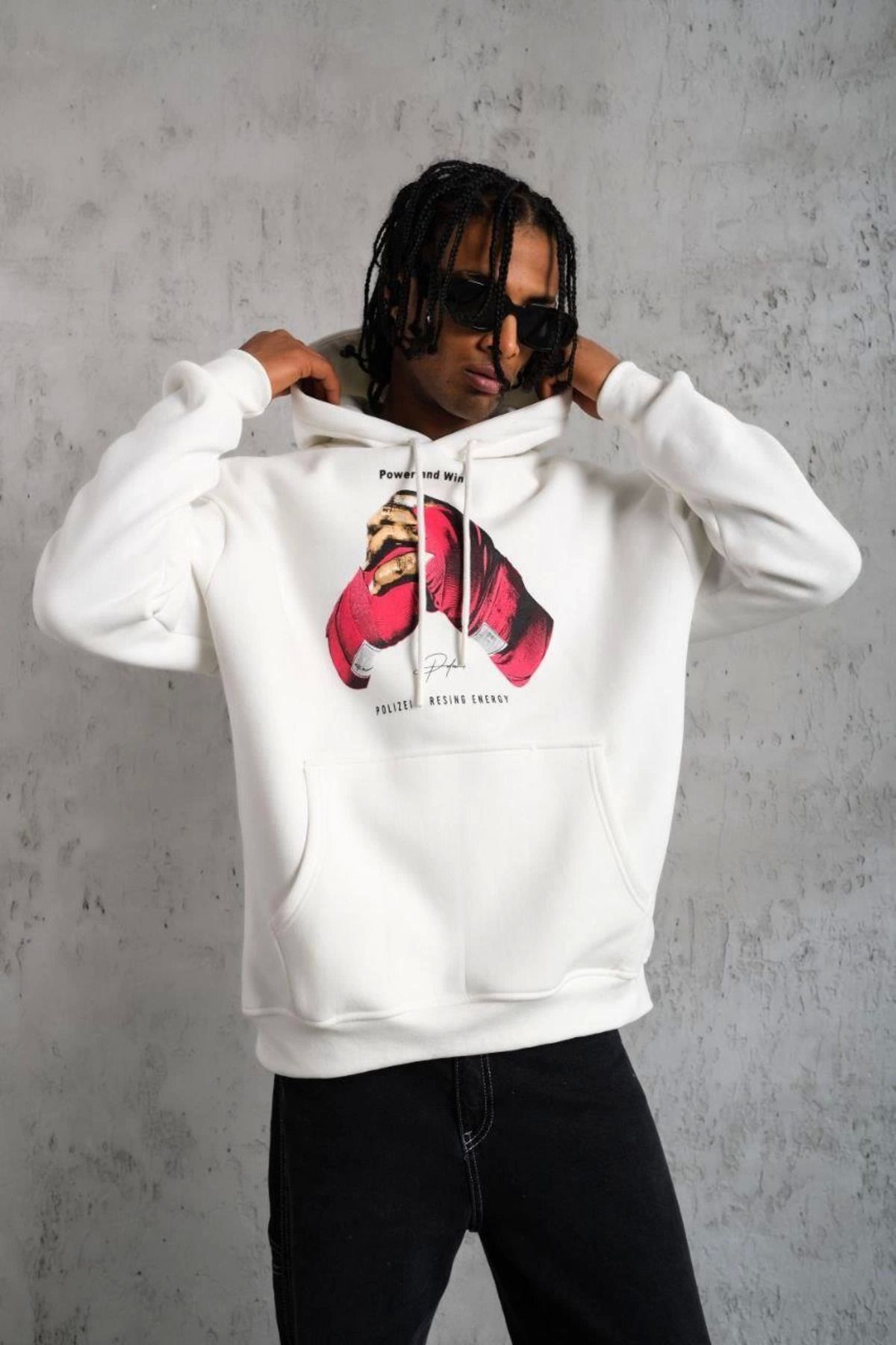Pink Stil Erkek Eldiven Baskılı Kapüşonlu Sweat - Beyaz Pink Stil