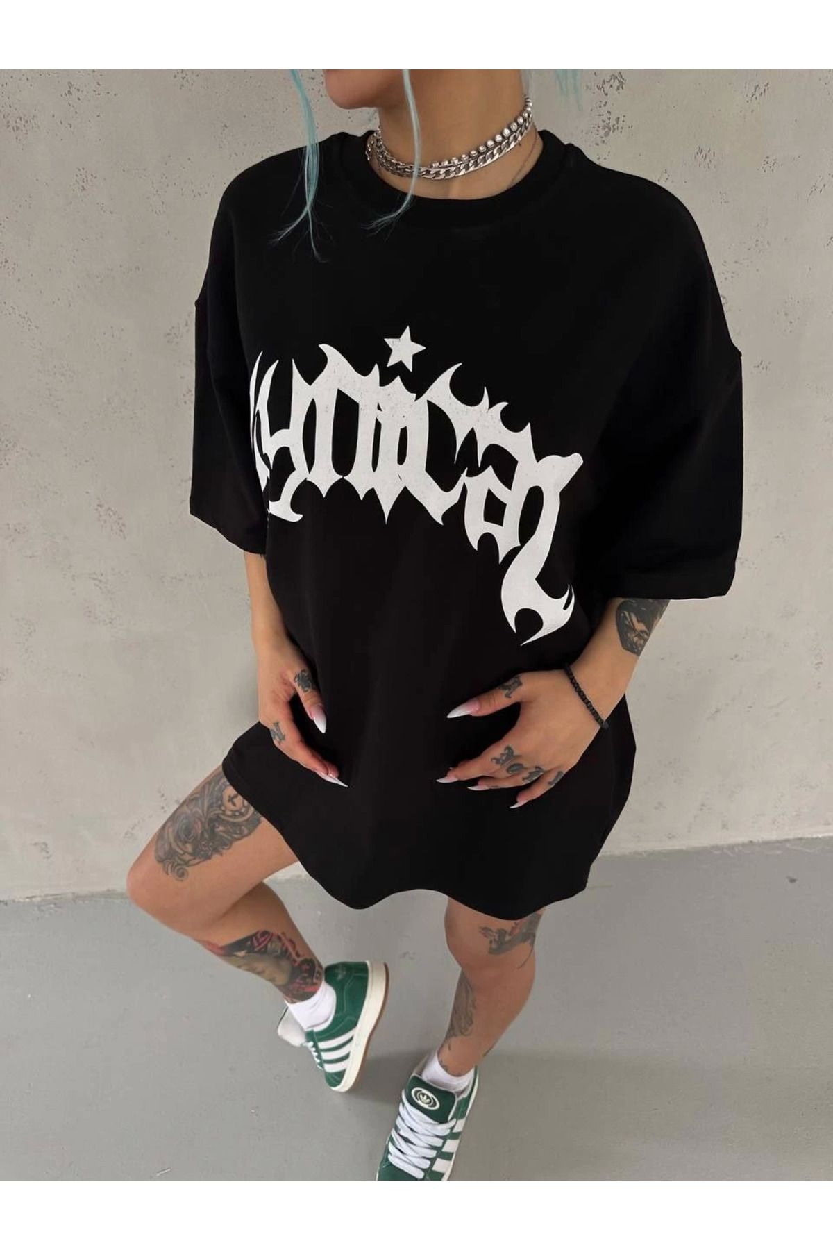 Vemora Unisex Bisiklet Yaka Baskılı Oversize T-Shirt - Siyah