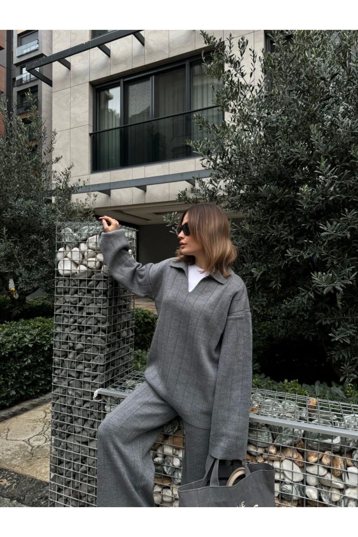 Pink Stil Yakalı Cizgi Detaylı Triko İkili Takım - Füme