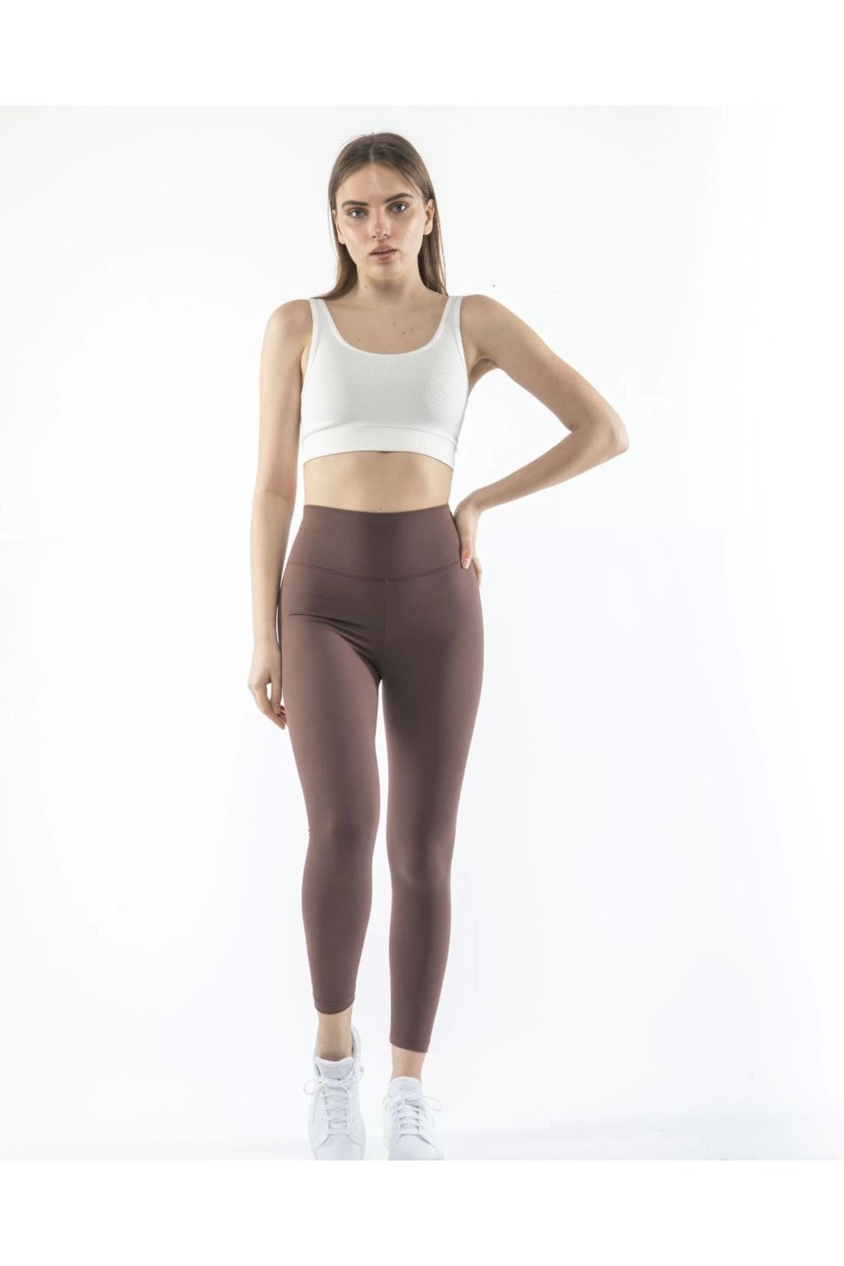 Pink Stil Kadın Yüksek Bel Sporcu Düz Tayt - Kahverengi Pink Stil