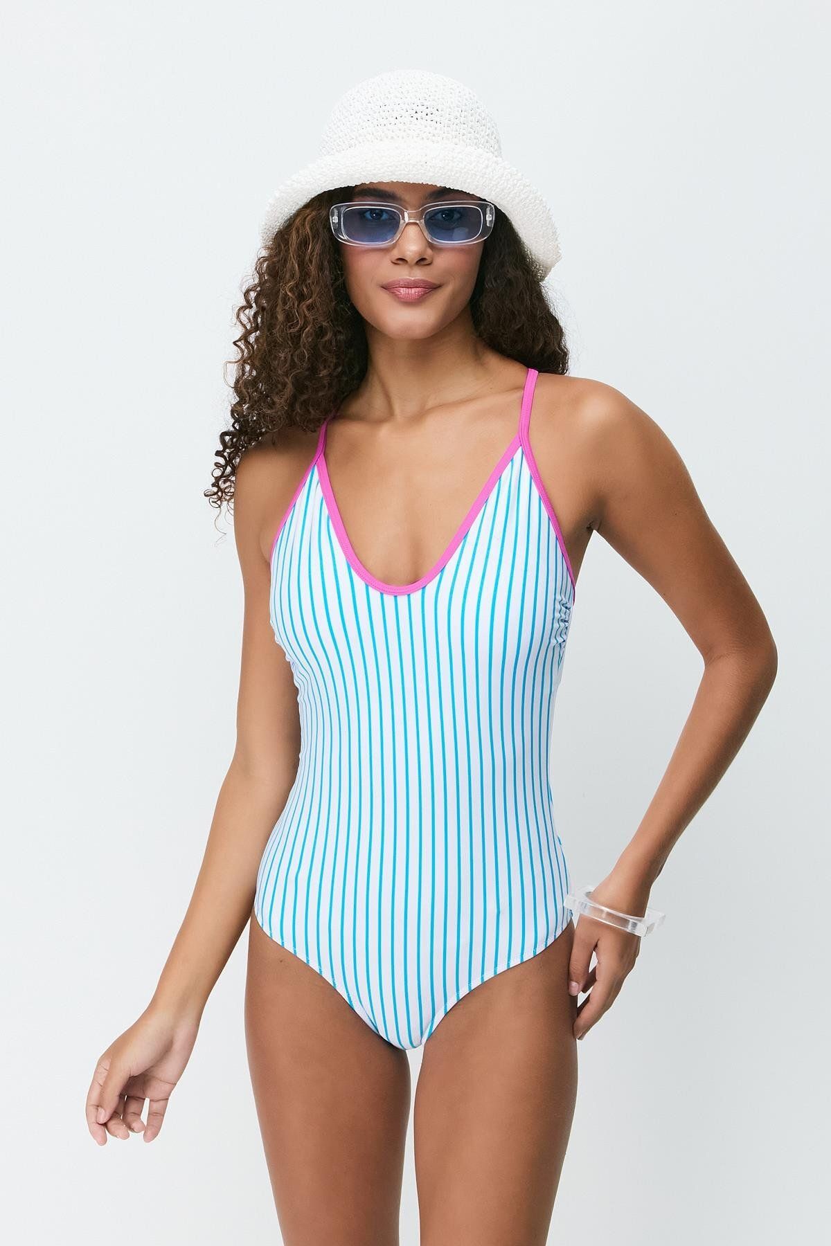 C&City-Costum de baie cu bretele cu gât în ​​U 7782 Albastru 1