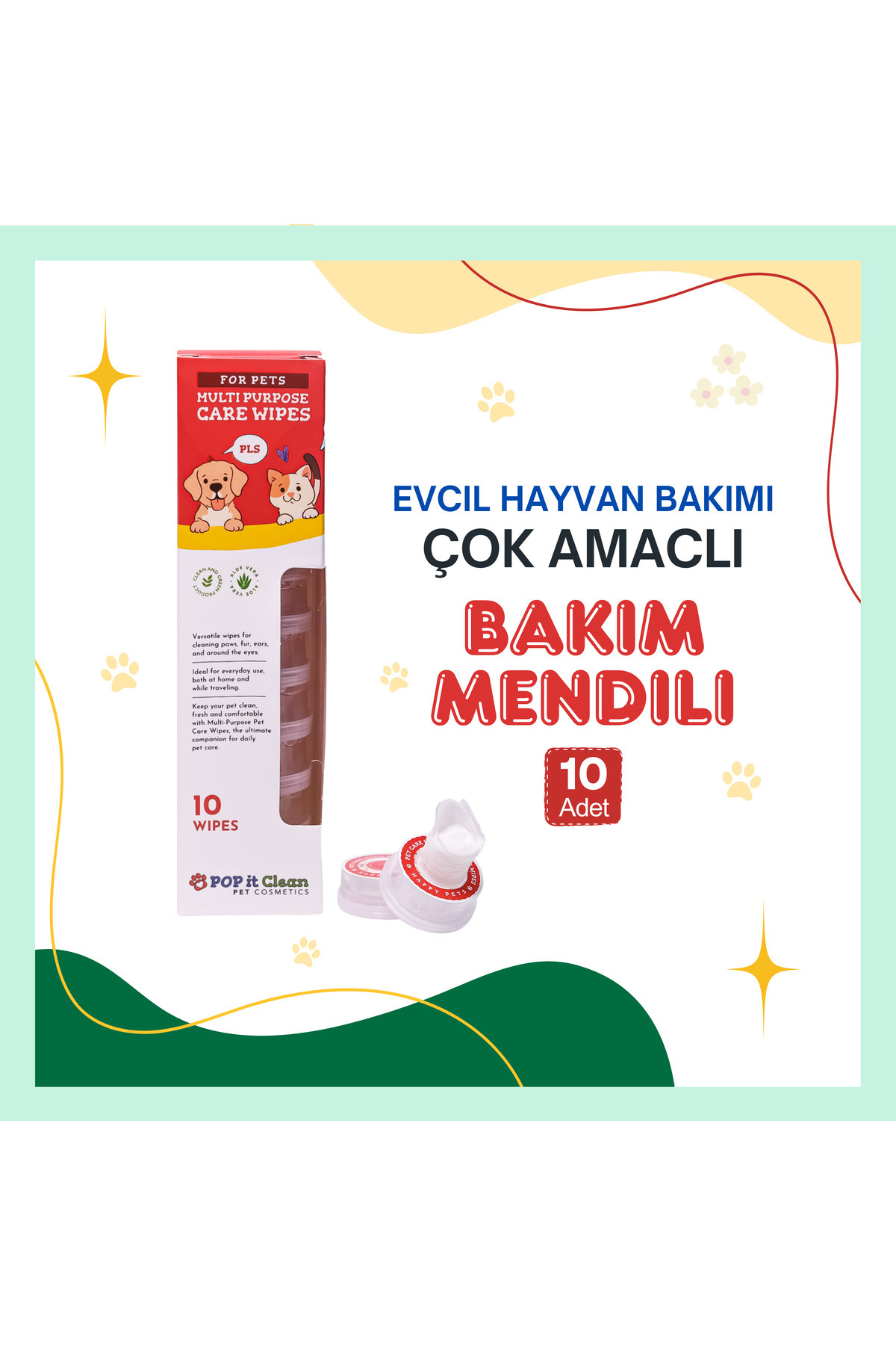 popitclean Evcil Hayvan Kedi & Köpek  Çok Amaçlı Bakım ve Temizleme Mendili