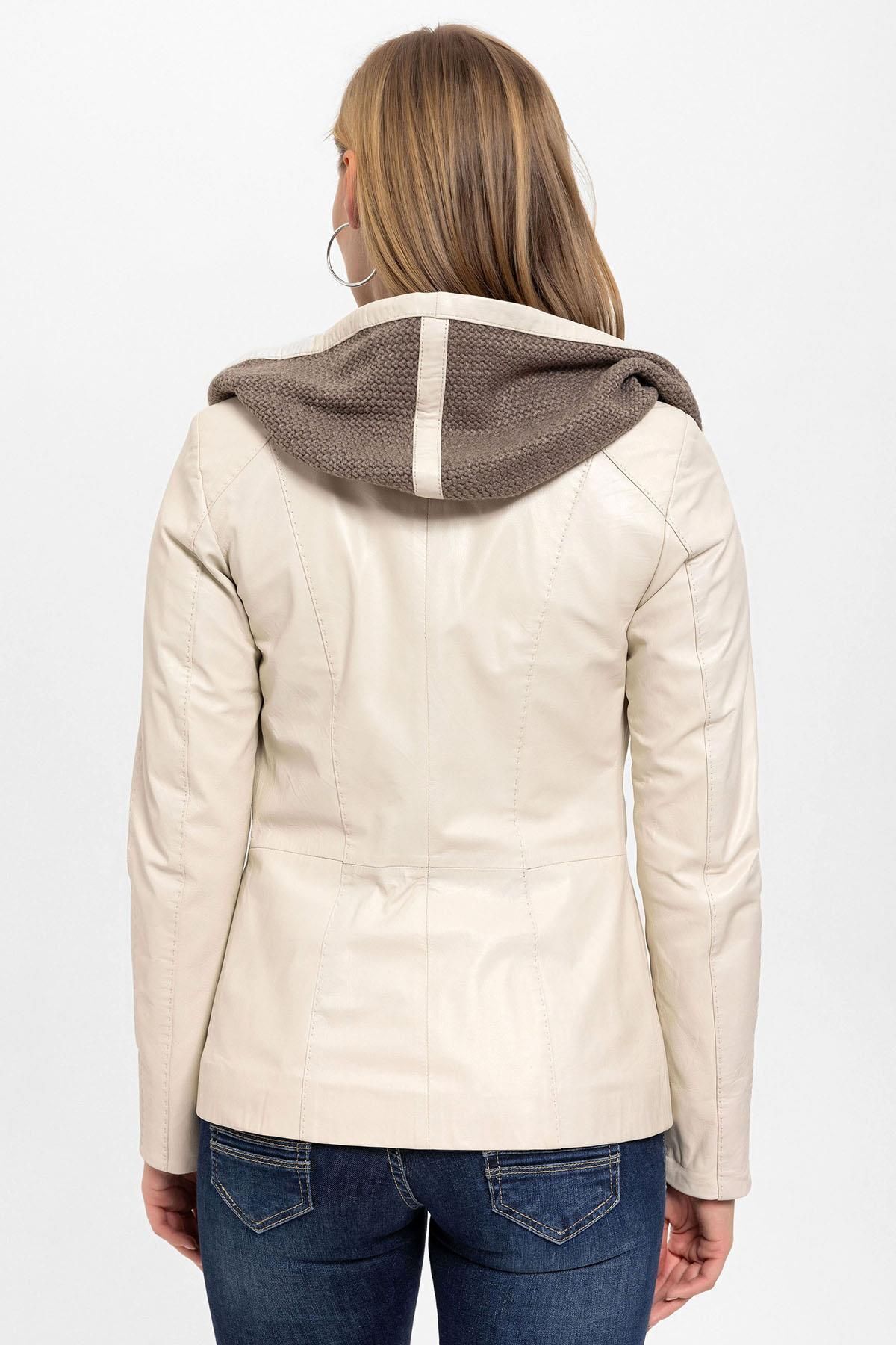 Deriderim  Bej Antonia Triko Kapüşonlu Kadın Hakiki Deri Mont - Görsel 5