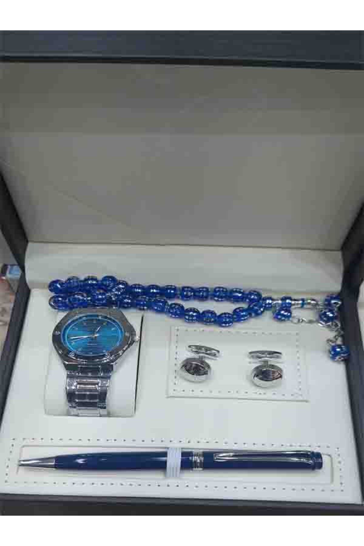 Watch Me-Steel watch set with a cufflink, heart, and rosary 1
