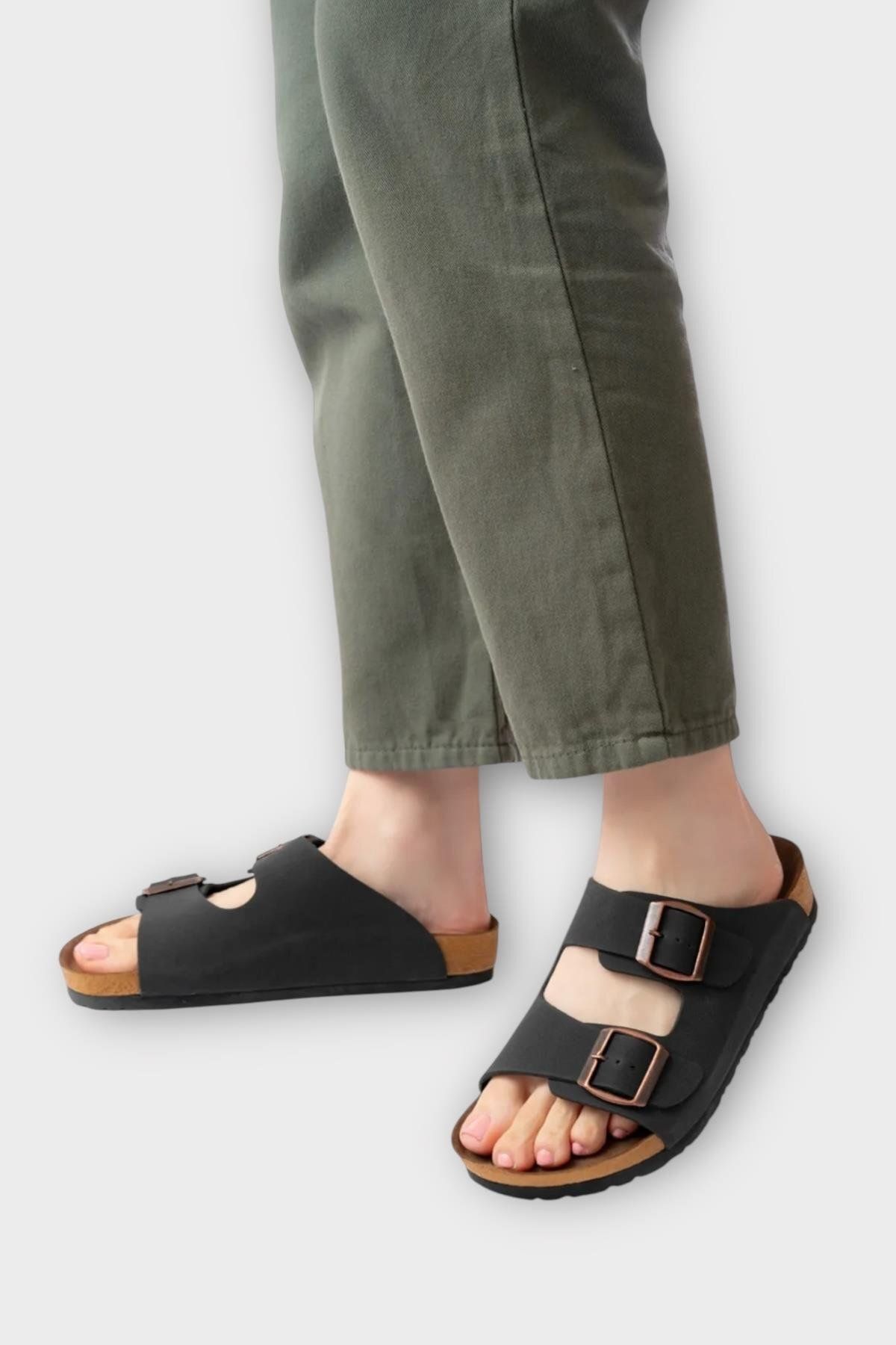 Liger-Unisex Double Buckle Orthopedic Slippers Black 8