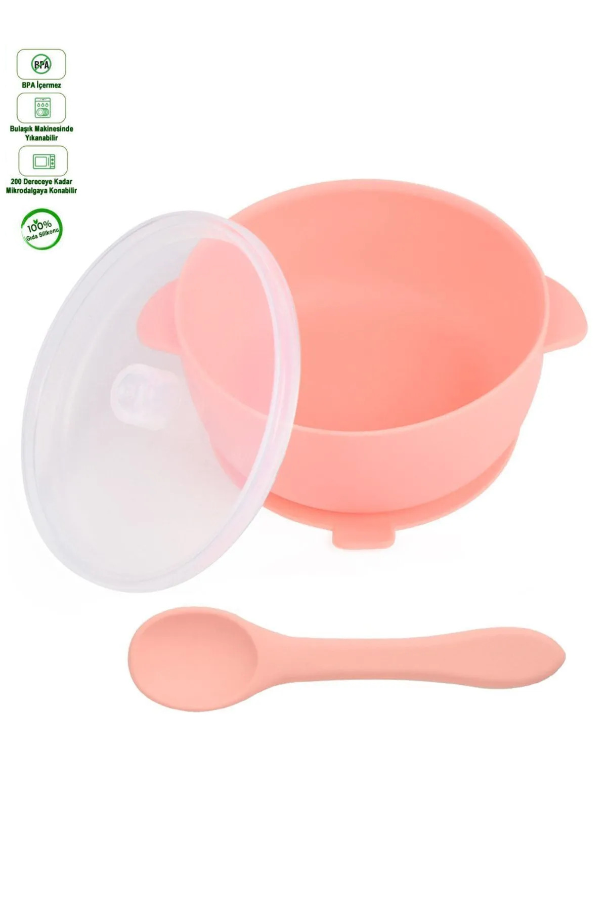 GÜLÜMSE BEBEK Silikon Beslenme Seti, Vakumlu Kapaklı Mama Kasesi, Silikon Önlük, Silikon Kaşık Ve Çatal / Pembe fotoğrafı 2 (önizleme)