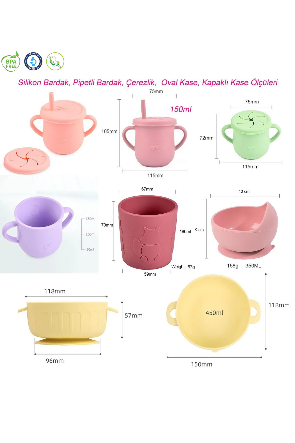 GÜLÜMSE BEBEK Silikon Beslenme Seti, Vakumlu Kapaklı Mama Kasesi, Silikon Önlük, Silikon Kaşık Ve Çatal / Pembe fotoğrafı 4 (önizleme)