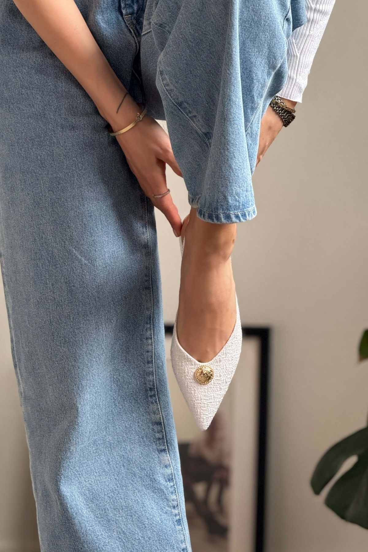 NİŞANTAŞI SHOES-Cassandra Weißer Teppich Accessoire Detail Kurzer Absatz Damen Babet 6