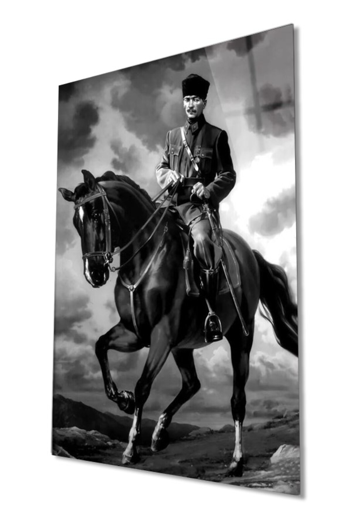 Atatürk At Üzerinde Siyah Beyaz Duvar Dekorasyonu Dikey Cam Tablo