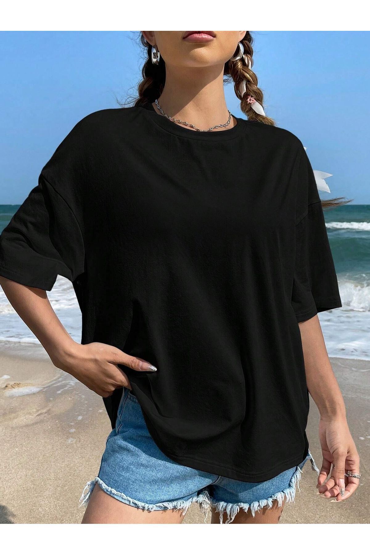 DUBU BUTİK-Humor Bear Single Jersey T-Shirt - Black Printed Oversize Crew Neck T-Shirt 2