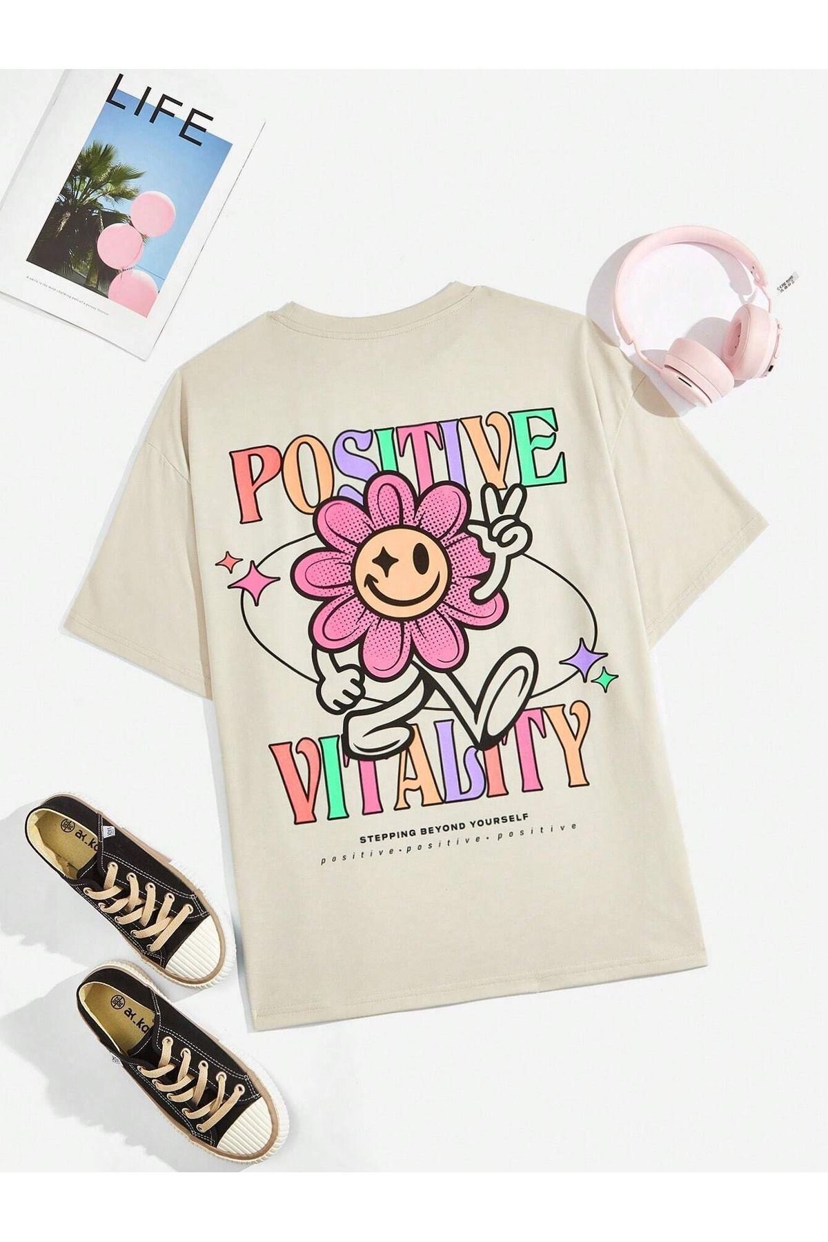 Positive Flower Single Jersey T-Shirt- Beige Printed Oversized Crew Neck T-Shirt