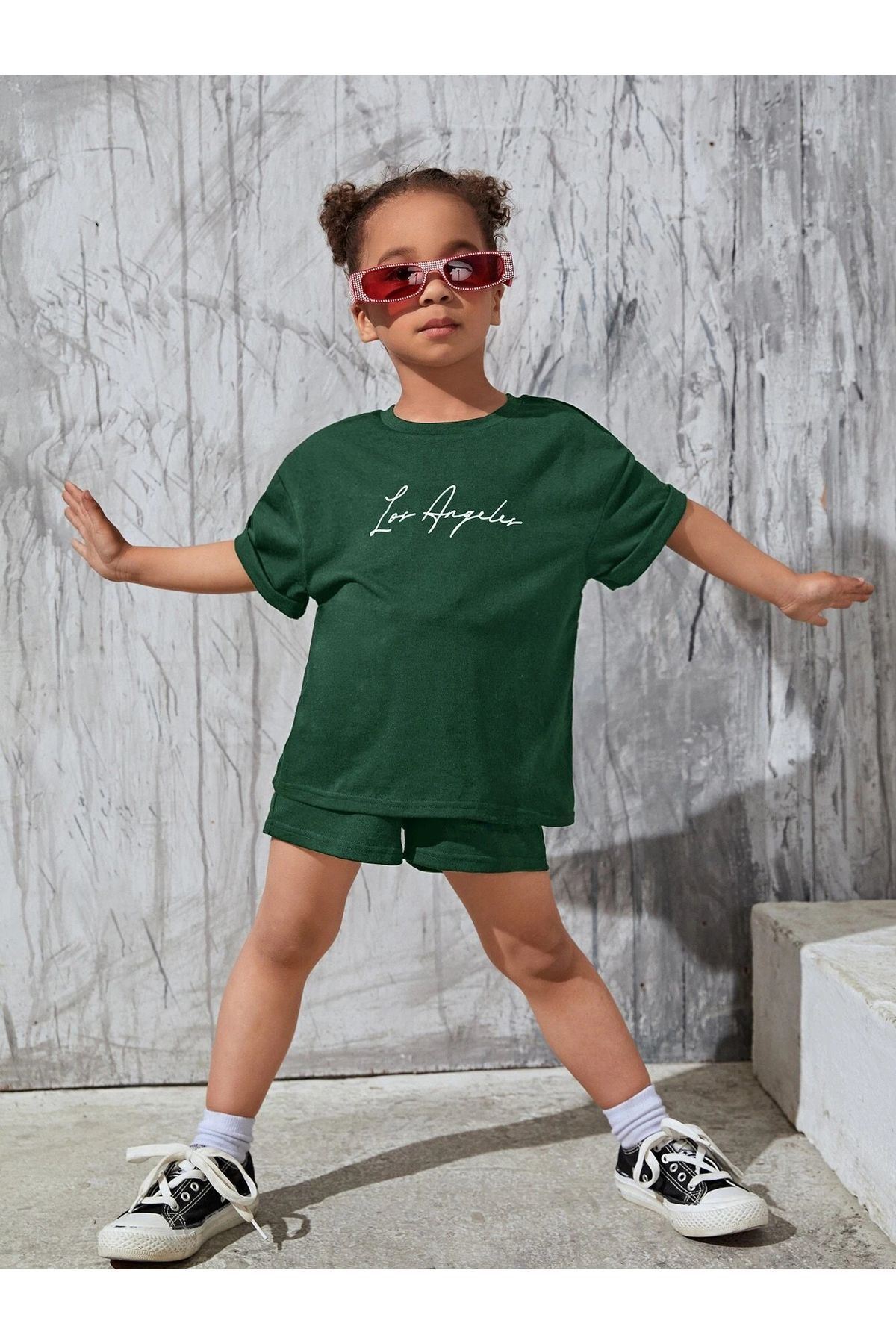 Los Angeles Cotton Kids Suit T-shirt Shorts-Nefti Green Print Girls Boys Summer Handwritten