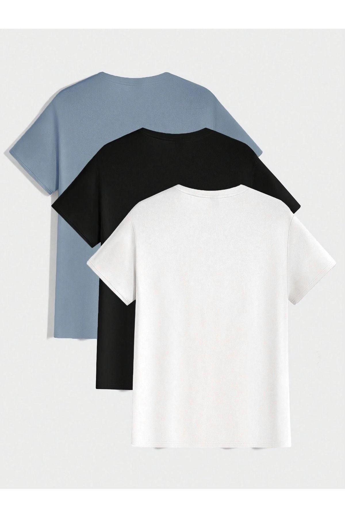 DUBU BUTİK-3-Piece Basic Single Jersey T-Shirt - Baby Blue Black White Oversize Crew Neck T-Shirt 2