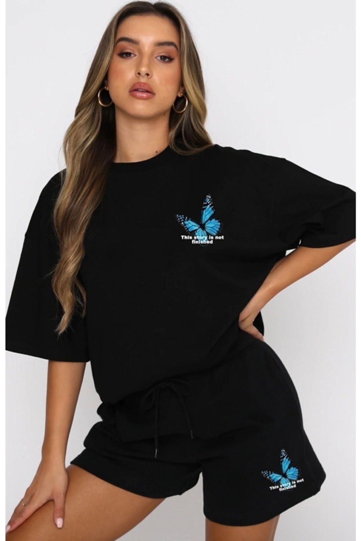 Mythologie Mavi Kelebek T-Shirt Şort - Siyah Şortlu Tişört Alt Üst Takım Baskılı Oversize Bisiklet Yaka