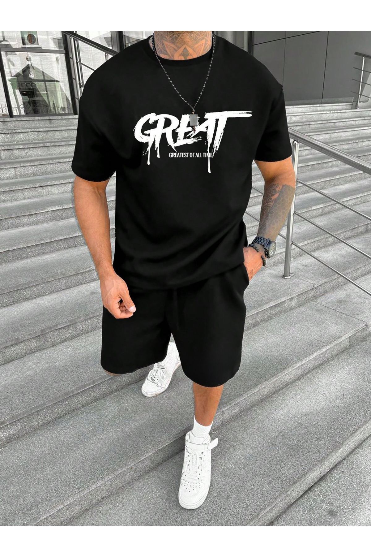 Mythologie Great T-Shirt Şort - Siyah Şortlu Tişört Alt Üst Takım Baskılı Bisiklet Yaka