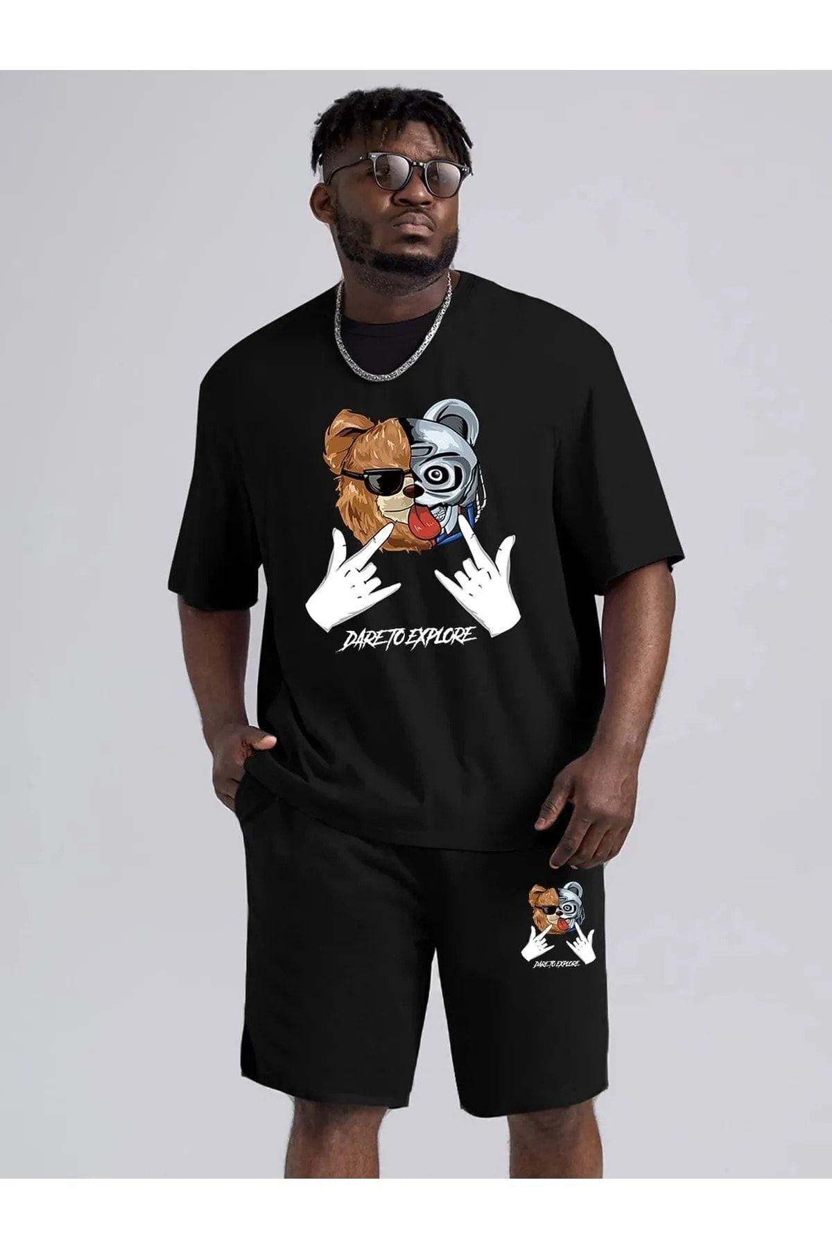 Mythologie Dareto Explore T-shirt Şort - Siyah Şortlu Tişört Alt Üst Takım Baskılı Oversize Bisiklet Yaka