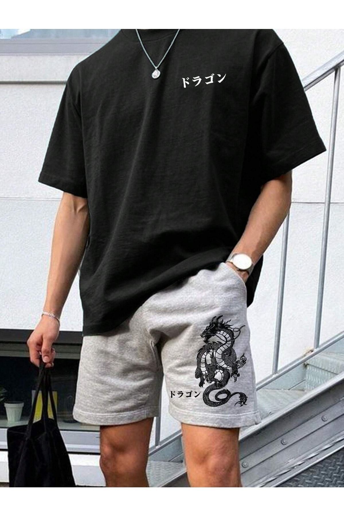 Mythologie Dragon T-shirt Şort - Siyah Gri Şortlu Tişört Alt Üst Takım Baskılı Oversize Bisiklet Yaka
