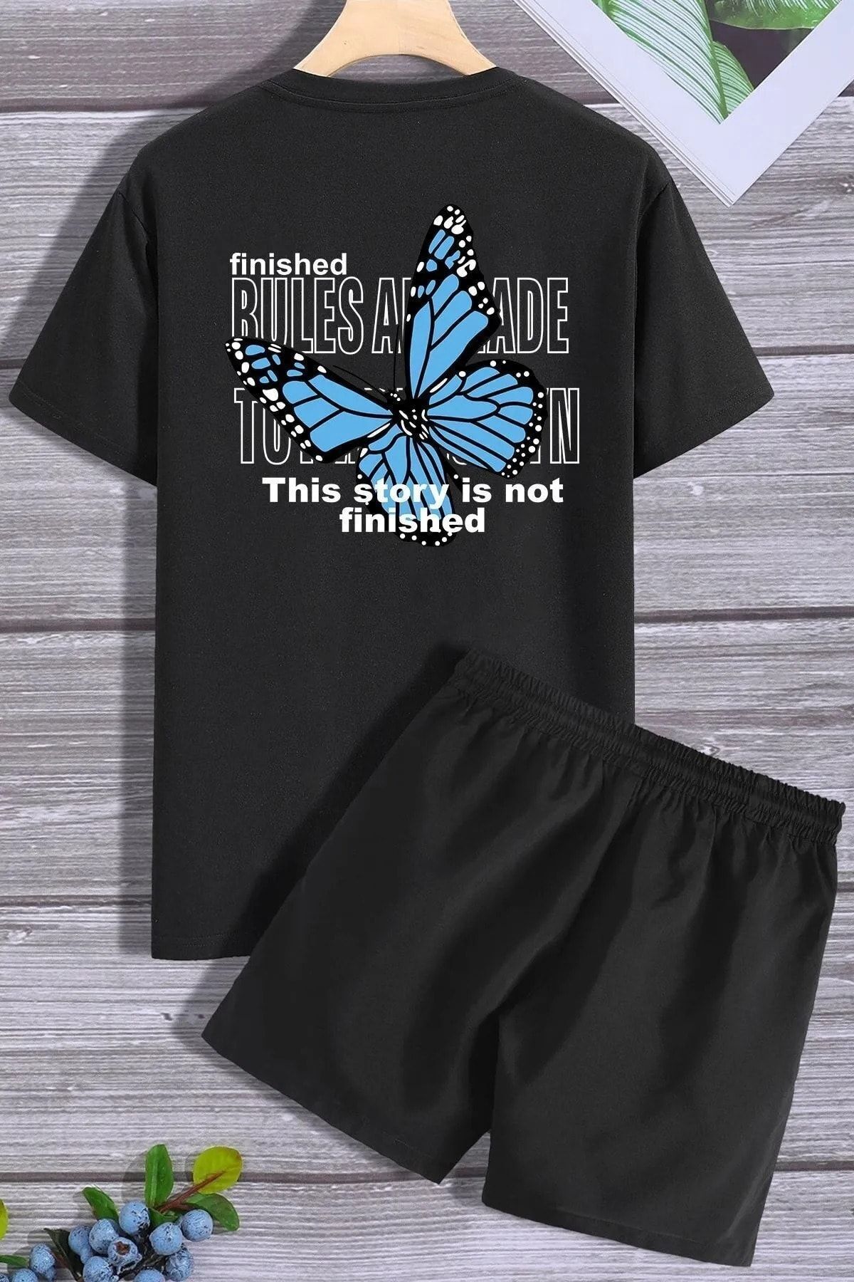 Trendglow Kelebek Story Siyah T-shirt Siyah Penye Şort - Alt Üst Takım Baskılı Oversize Bisiklet Yaka