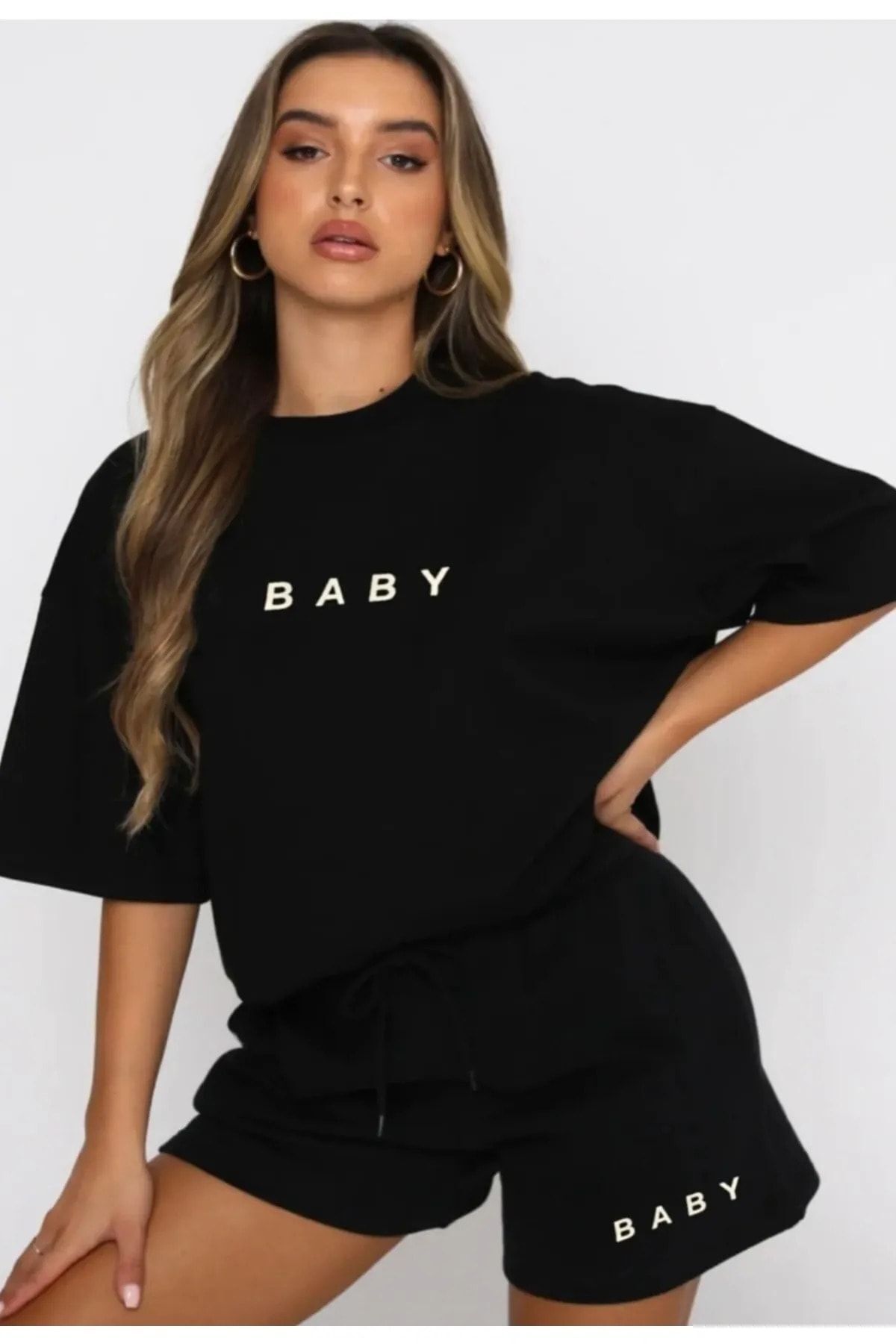 Trendglow Baby Siyah T-shirt Penye Şort - Şort Tişört Alt Üst Takım Baskılı Oversize Bisiklet Yaka