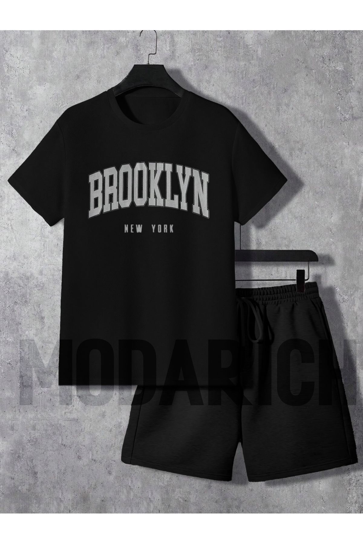 Trendglow Brooklyn New York T-Shirt Şort - Siyah Şortlu Tişört Alt Üst Takım Baskılı Bisiklet Yaka