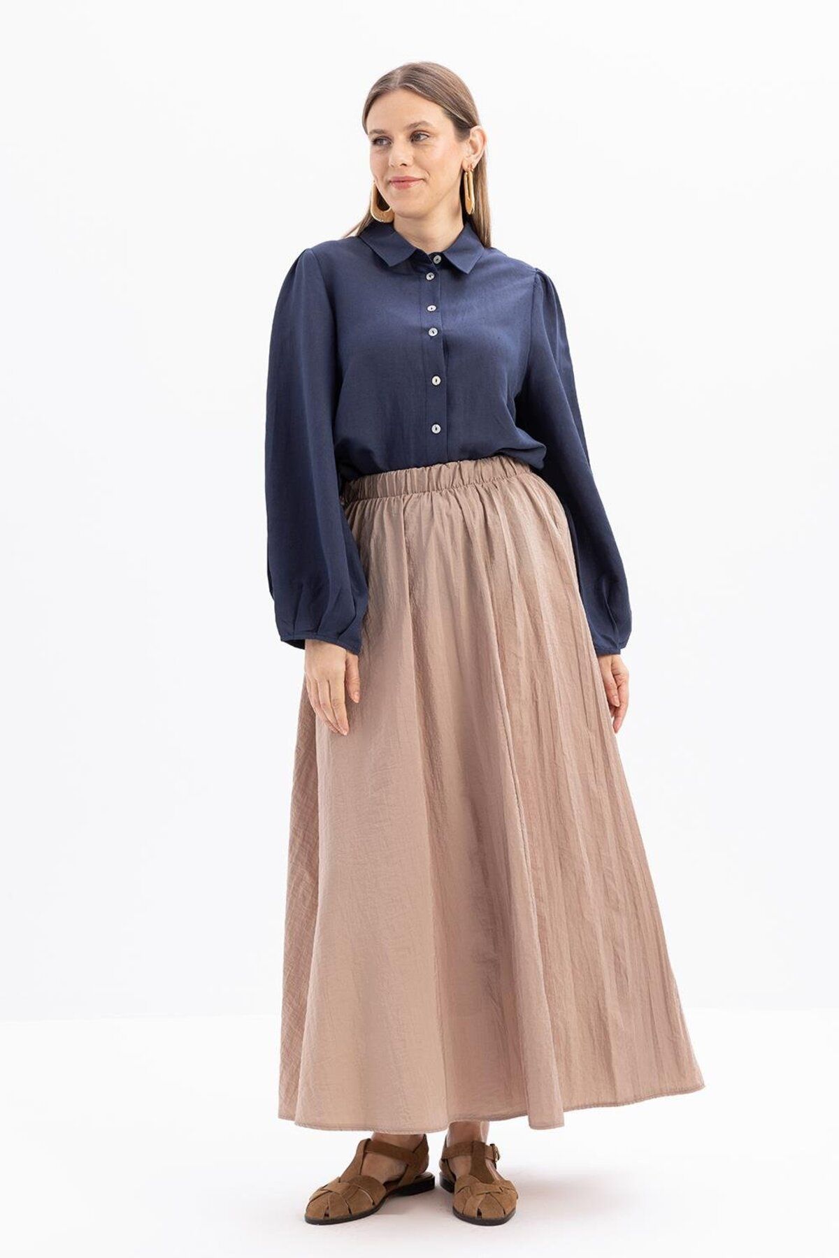 ALLDAY-Mink-Kraşlı Flared Skirt with Elastic Waist 2
