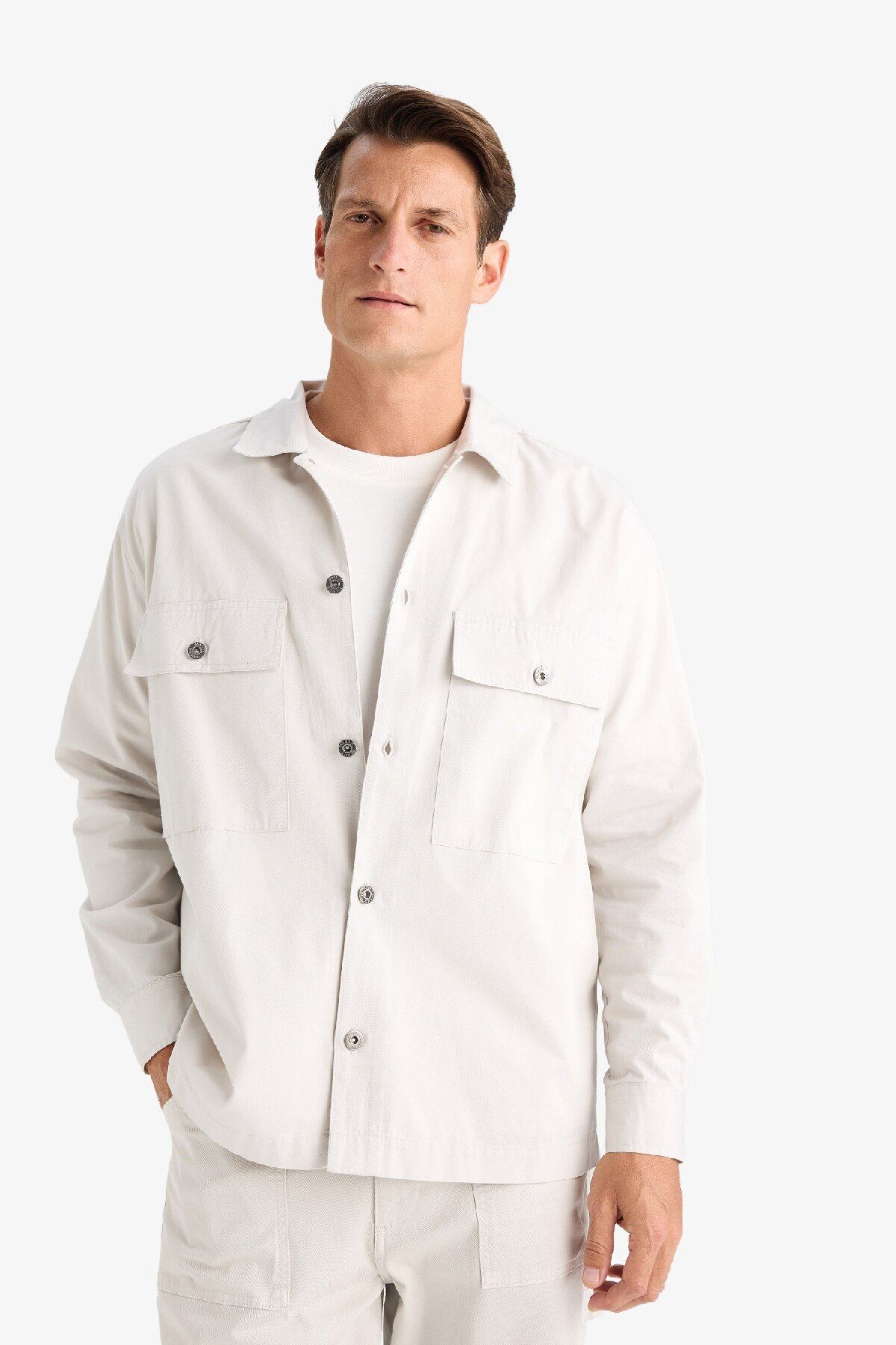 DeFacto-Übergroßer, weit geschnittener Polokragen-Twill-Langarmshirt-Mantel C2896ax24sp 8