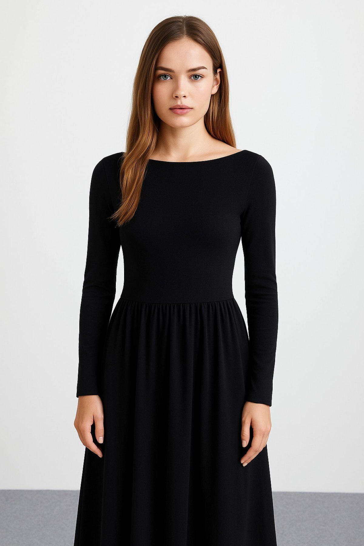 HAKKE-Maxi Length Skirt Part Woven Poplin Flared Upper Part Flexible Viscose Elastane Stylish Long Sleeve Dress 5