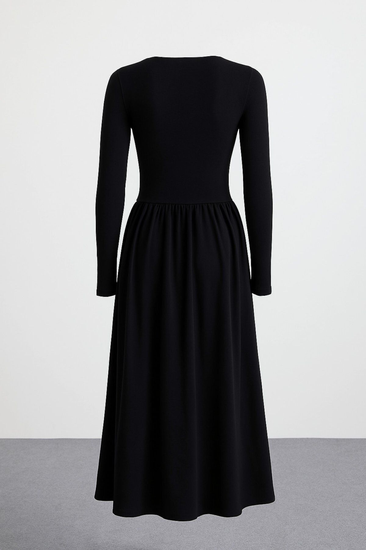 HAKKE-Maxi Length Skirt Part Woven Poplin Flared Upper Part Flexible Viscose Elastane Stylish Long Sleeve Dress 2