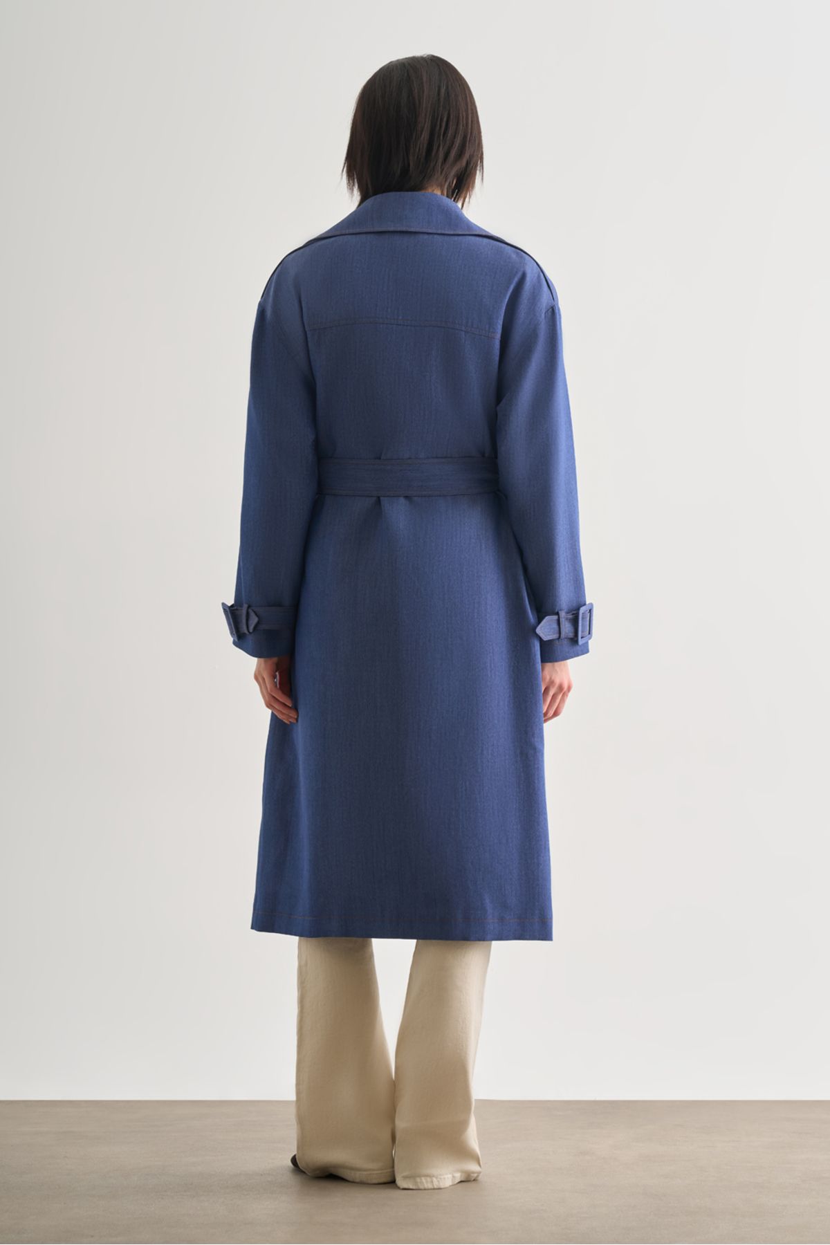 Mizalle-Denim Textured Long Indigo Blue Trench Coat 6