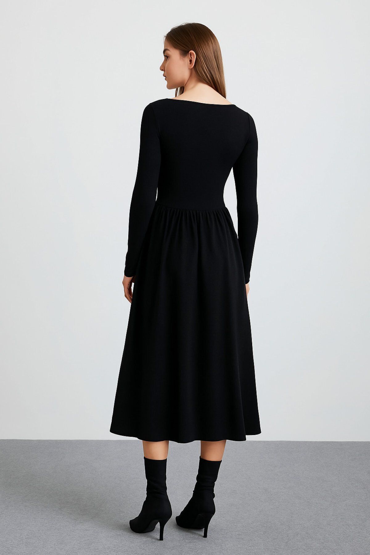HAKKE-Maxi Length Skirt Part Woven Poplin Flared Upper Part Flexible Viscose Elastane Stylish Long Sleeve Dress 4