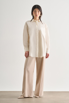 Mizalle Premium Saf Pamuk Ekru Oversize Gömlek