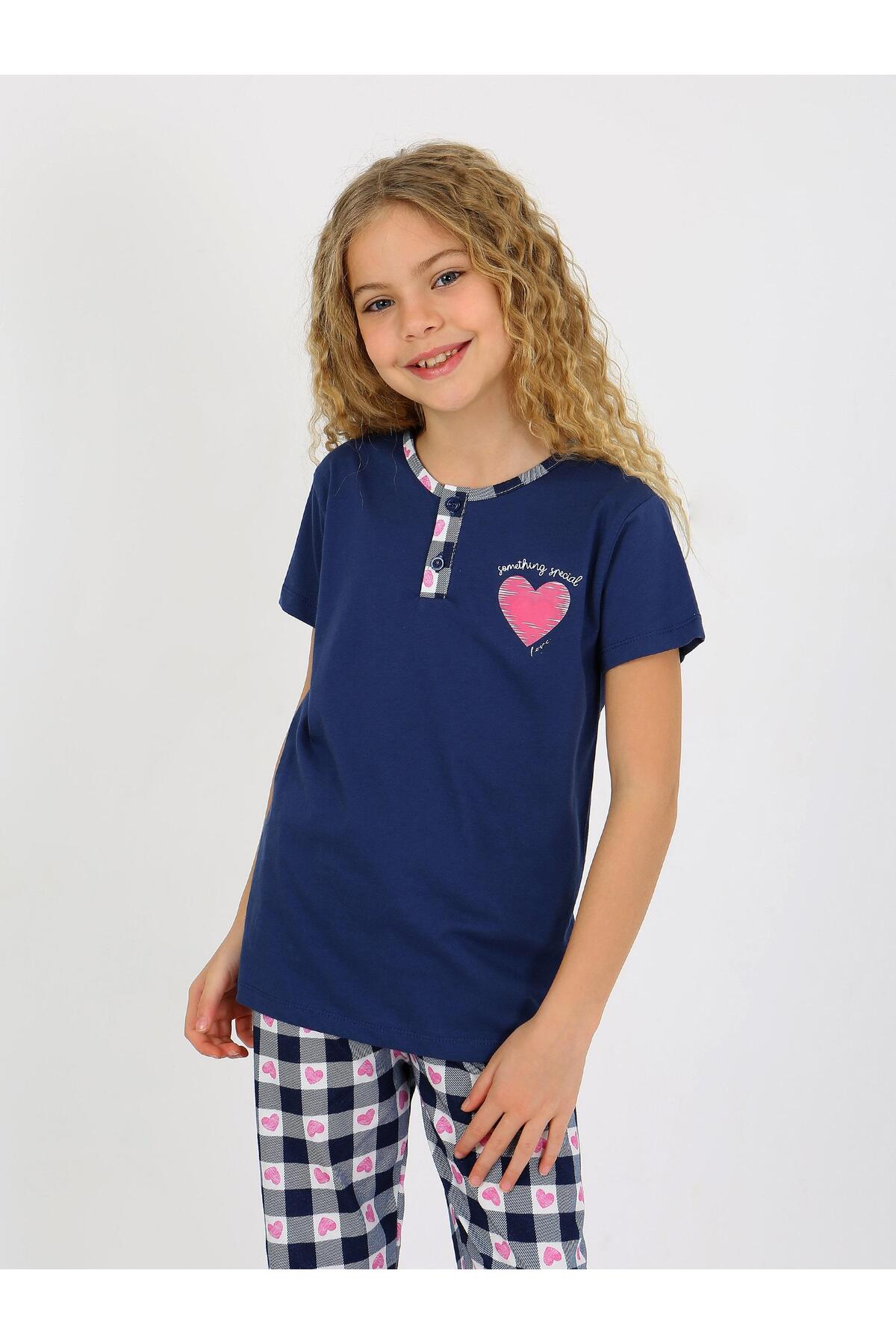 vitmo Kız Çocuk Kısa Kollu Düğme Detaylı %100 Pamuklu Pijama Takımı Special Love fotoğrafı 5 (önizleme)