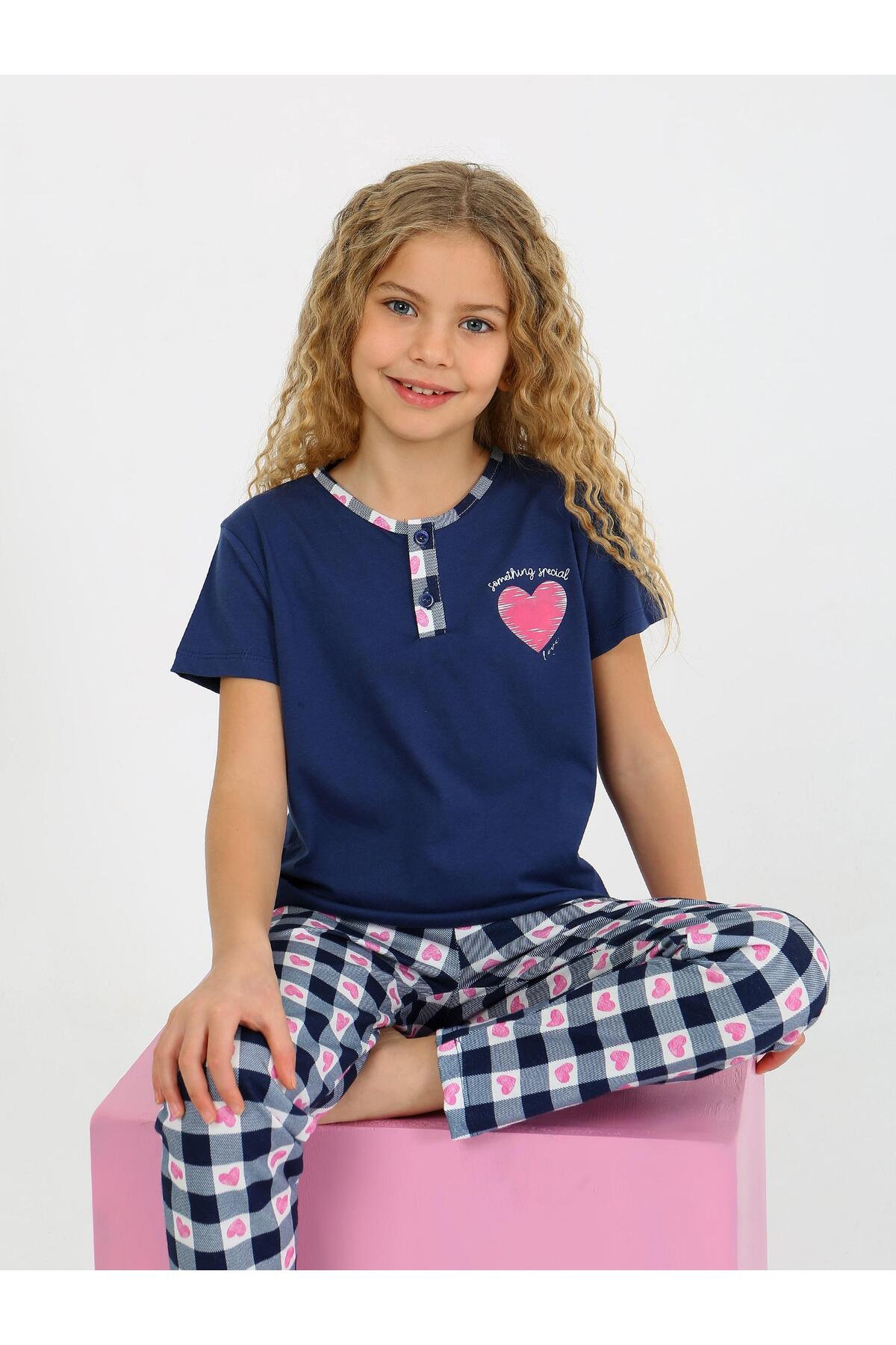 vitmo Kız Çocuk Kısa Kollu Düğme Detaylı %100 Pamuklu Pijama Takımı Special Love fotoğrafı 3 (önizleme)