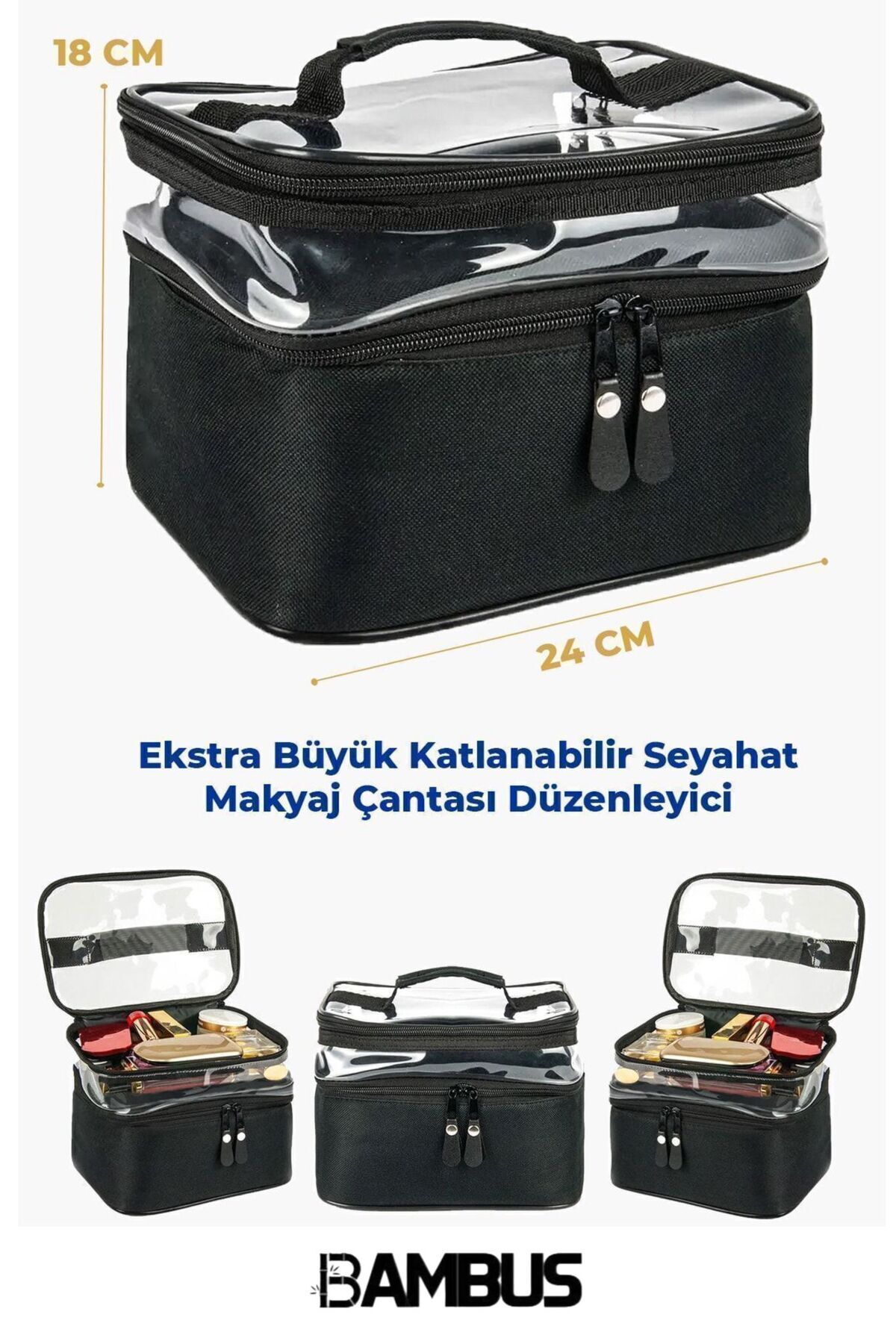 Kadın Makyaj Çantası Iki Geniş Bölmeli Askılı Katlanabilir Bakım Seyahat Organizer — مشکی BAMBUSÇİFTKATLIMAKYAJ — تصویر 7 از 8