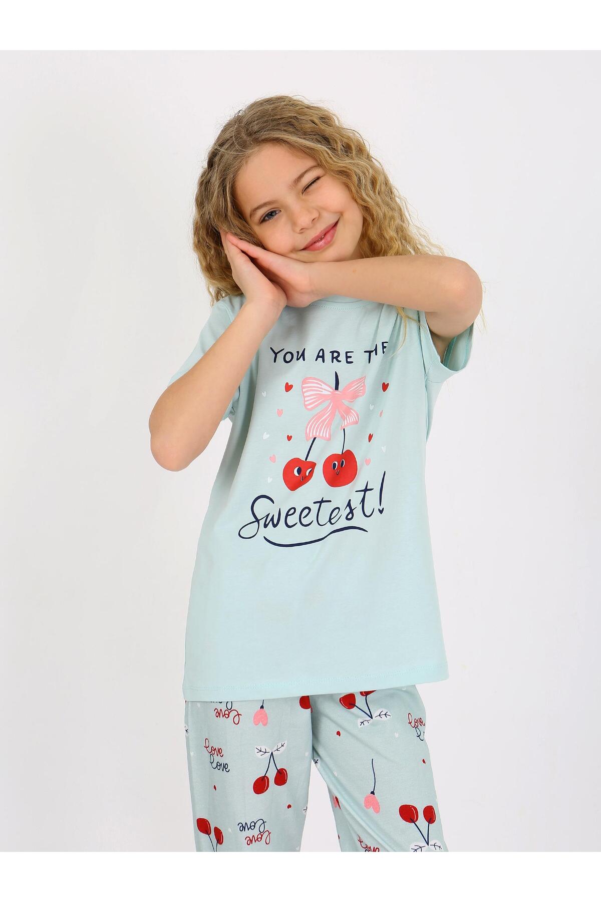 vitmo Kız Çocuk Kısa Kollu %100 Pamuklu Pijama Takımı Cherry fotoğrafı 2 (önizleme)