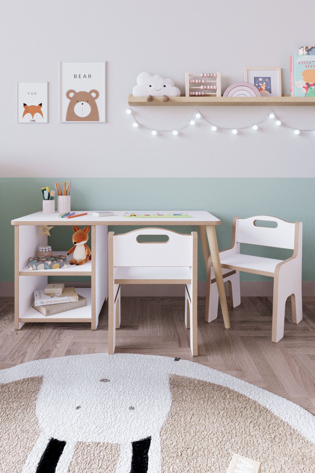 OBİ Atölye 2 Raflı Çocuk Aktivite Masası Montessori Masa Sandalye Seti - İki Sandalyeli