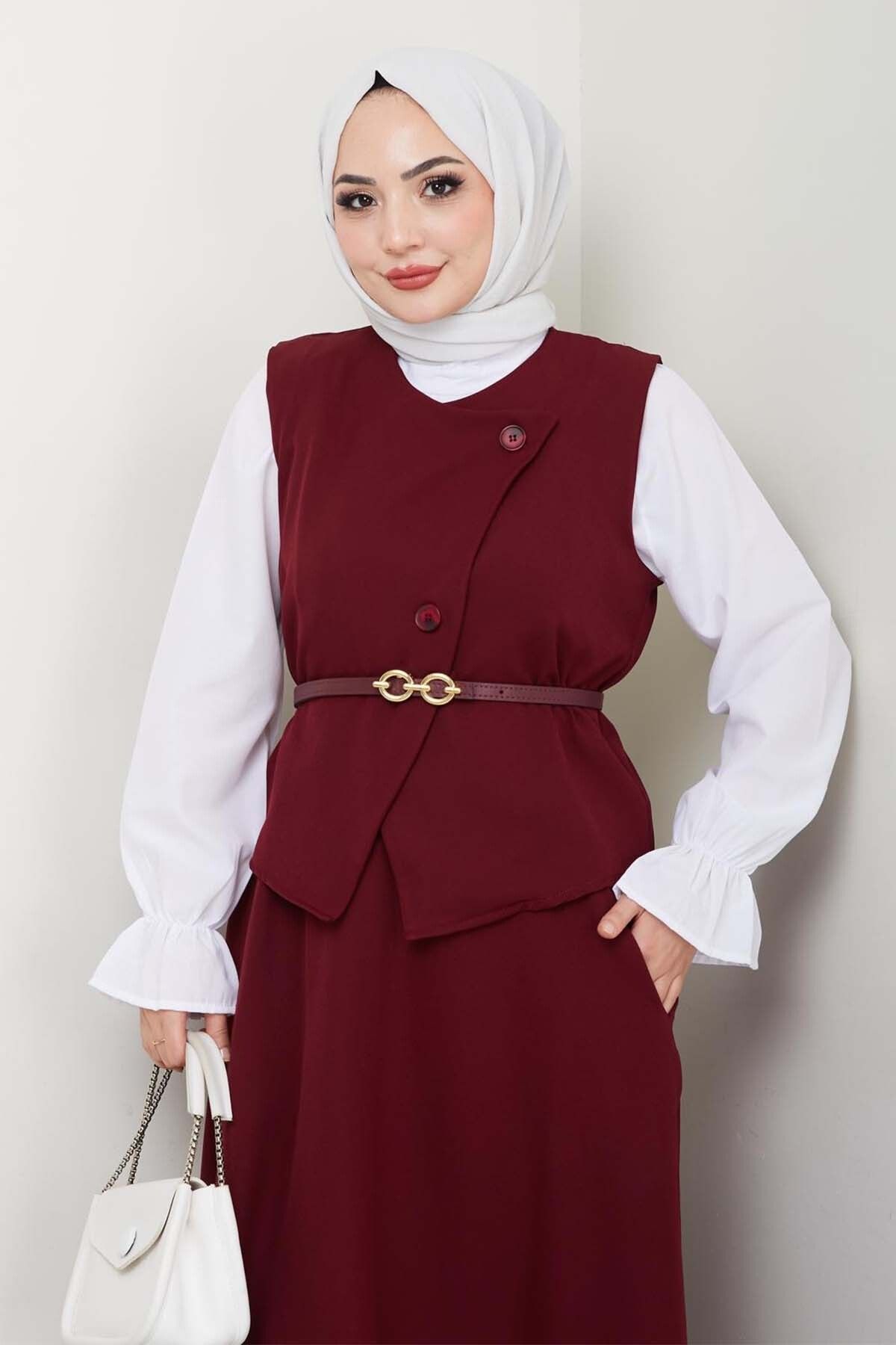 benguen-Vest Skirt Suit Claret Red 5704 2