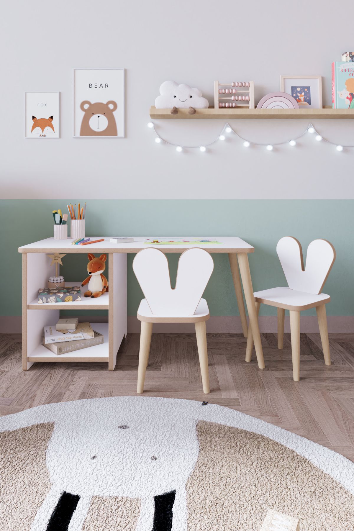 OBİ Atölye 2 Raflı Çocuk Aktivite Masası Montessori Masa Sandalye Seti - İki Sandalyeli