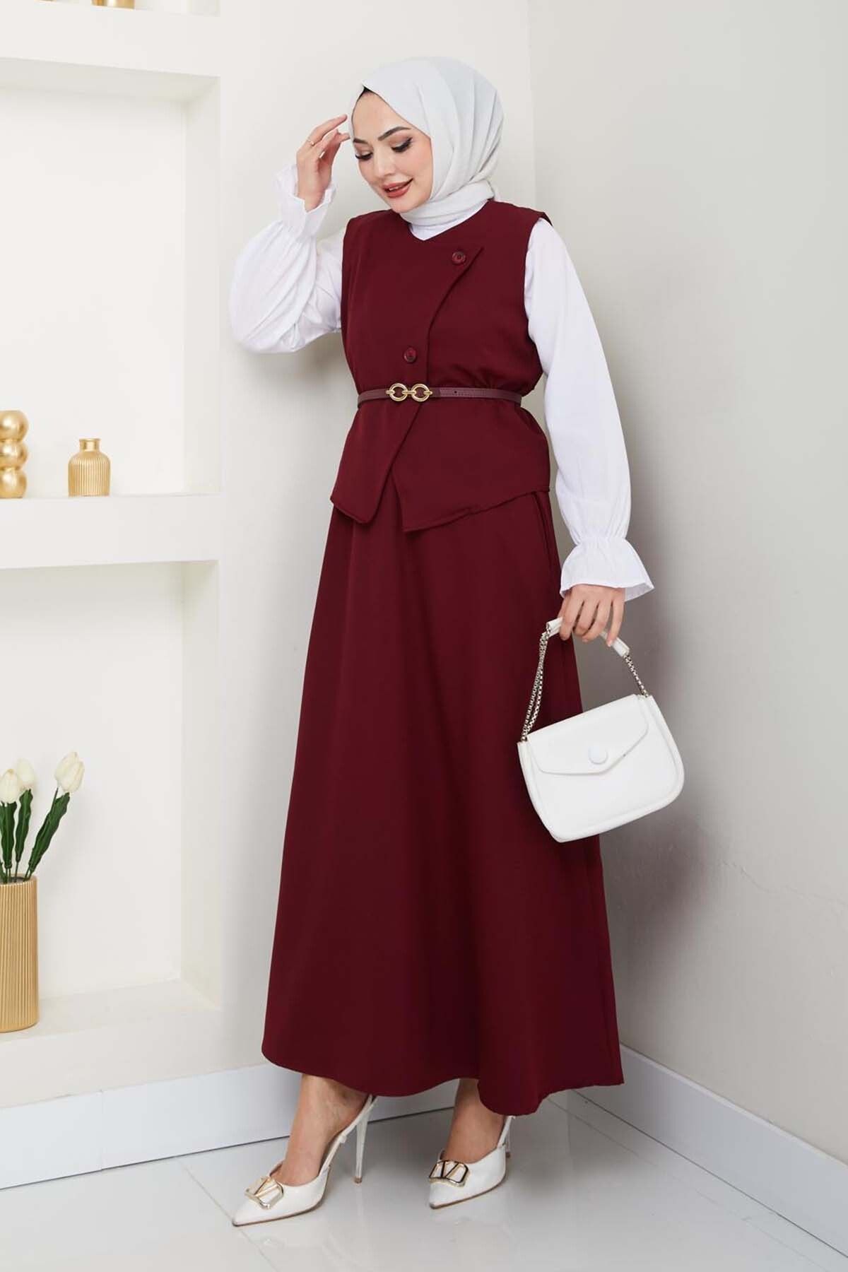 benguen-Vest Skirt Suit Claret Red 5704 4