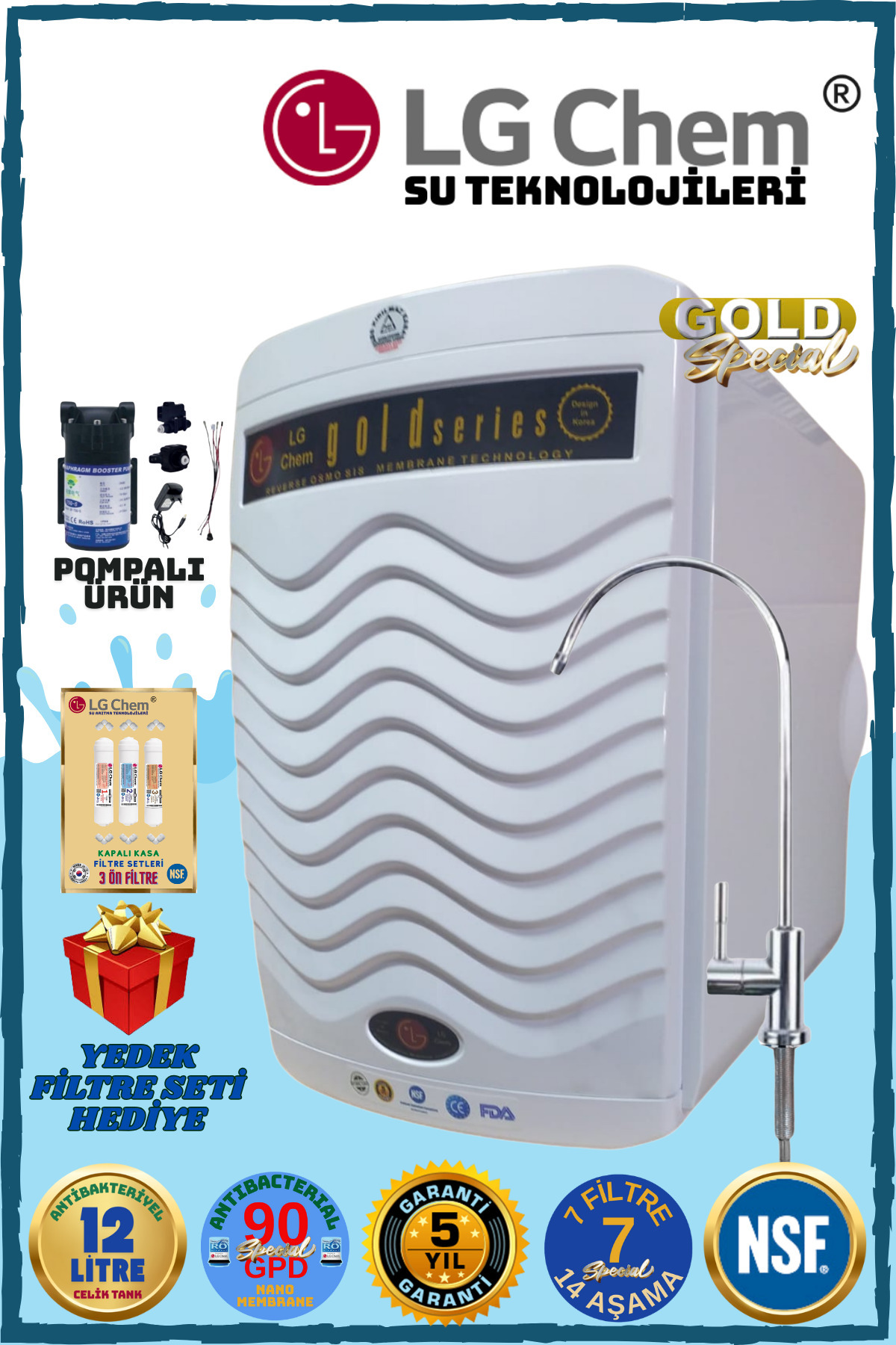 ligth gastro Lg Chem Gold Specıal Pompalı 12 Litre 7 Filtre 14 Aşama Yedek Filtre Hediyeli Su Arıtma Cihazı