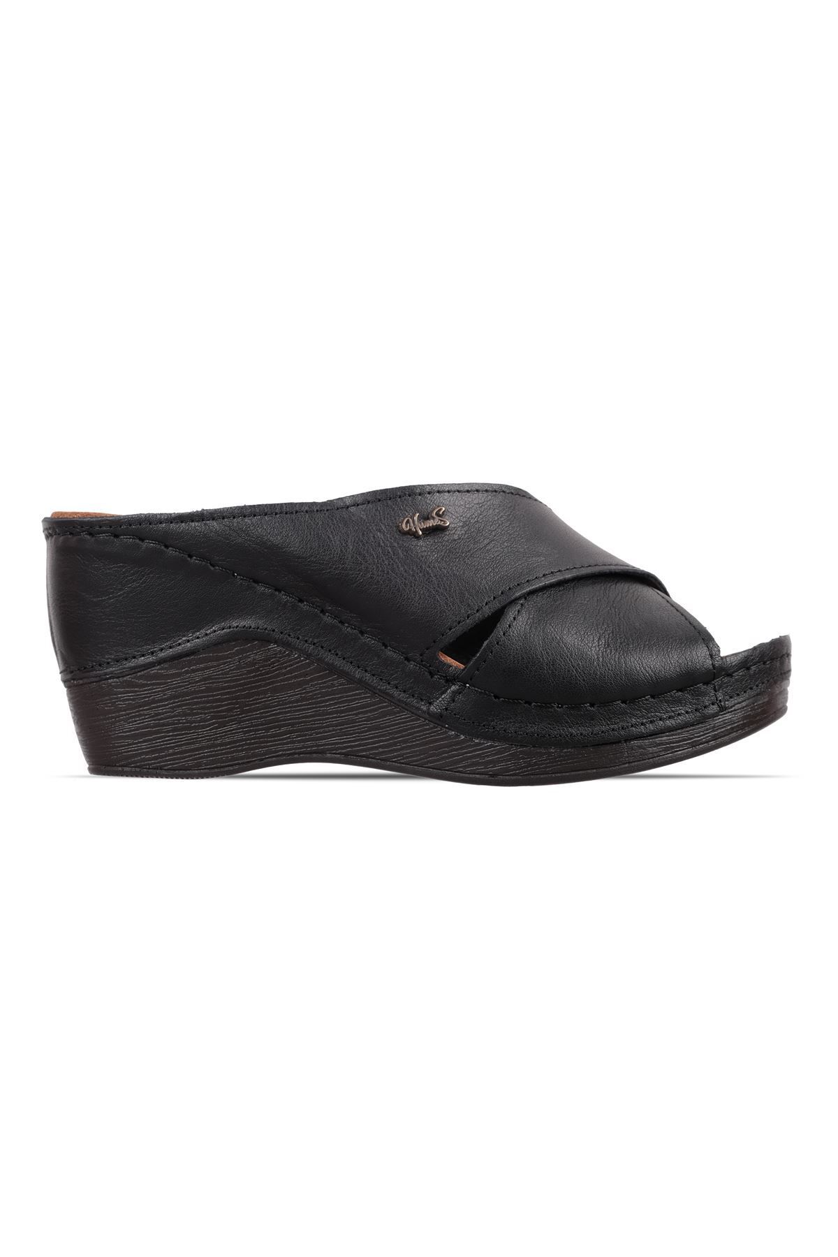 Lal Shoes & Bags Herm Kadın Hakiki Deri Çapraz Bant Detaylı Dolgu Topuklu Terlik-siyah
