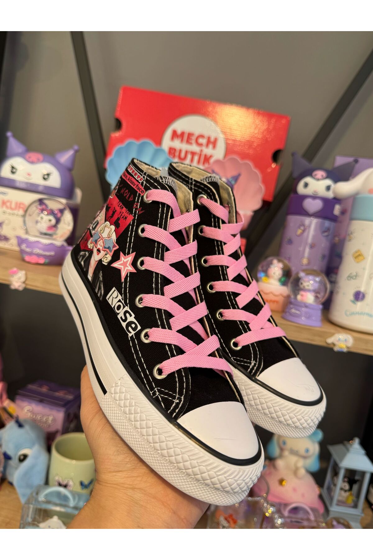 ブラックピンク MECH BUTİK Blackpink Rose Baskılı Siyah Bilekli Kız Çocuk Spor