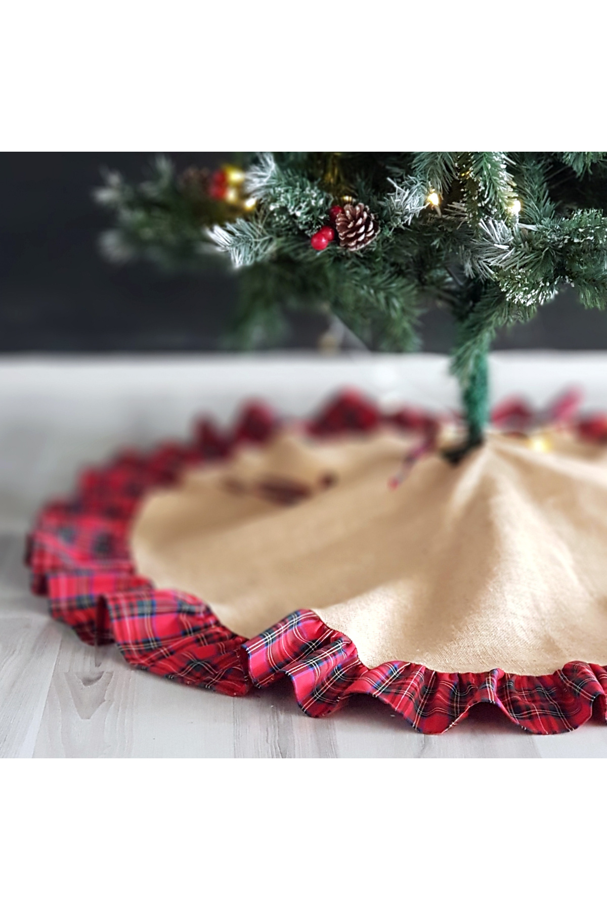 Bimotif Yılbaşı Çam Ağacı Örtüsü, Dokuma Ekose 90 Cm