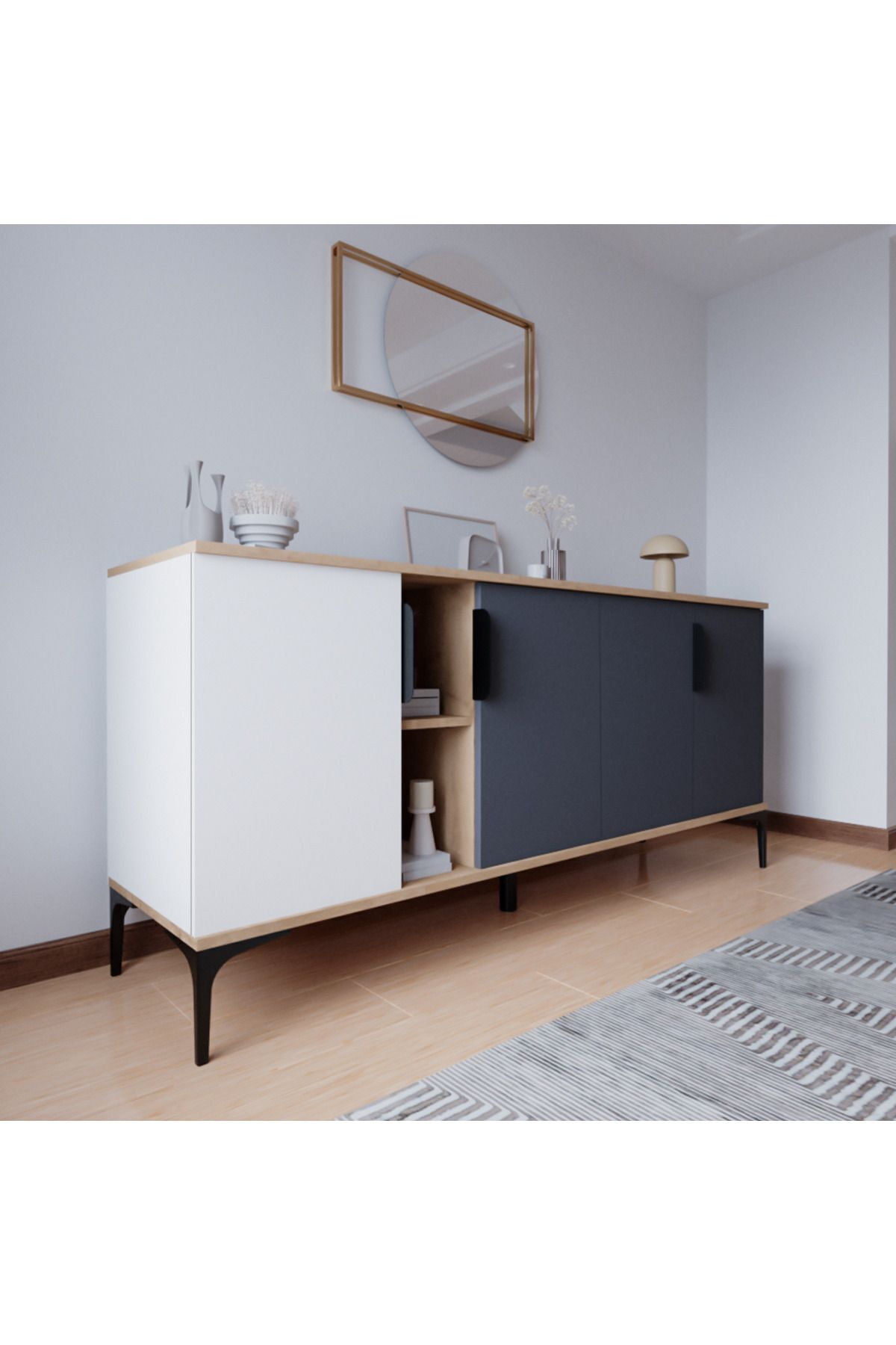 ALONEX HOME Mobilya Tarz Konsol 4 Kapaklı, Raflı , 180 Cm , Yemek Odası , Ofis, Salon Ünite (BEYAZ-ANTRASİT)